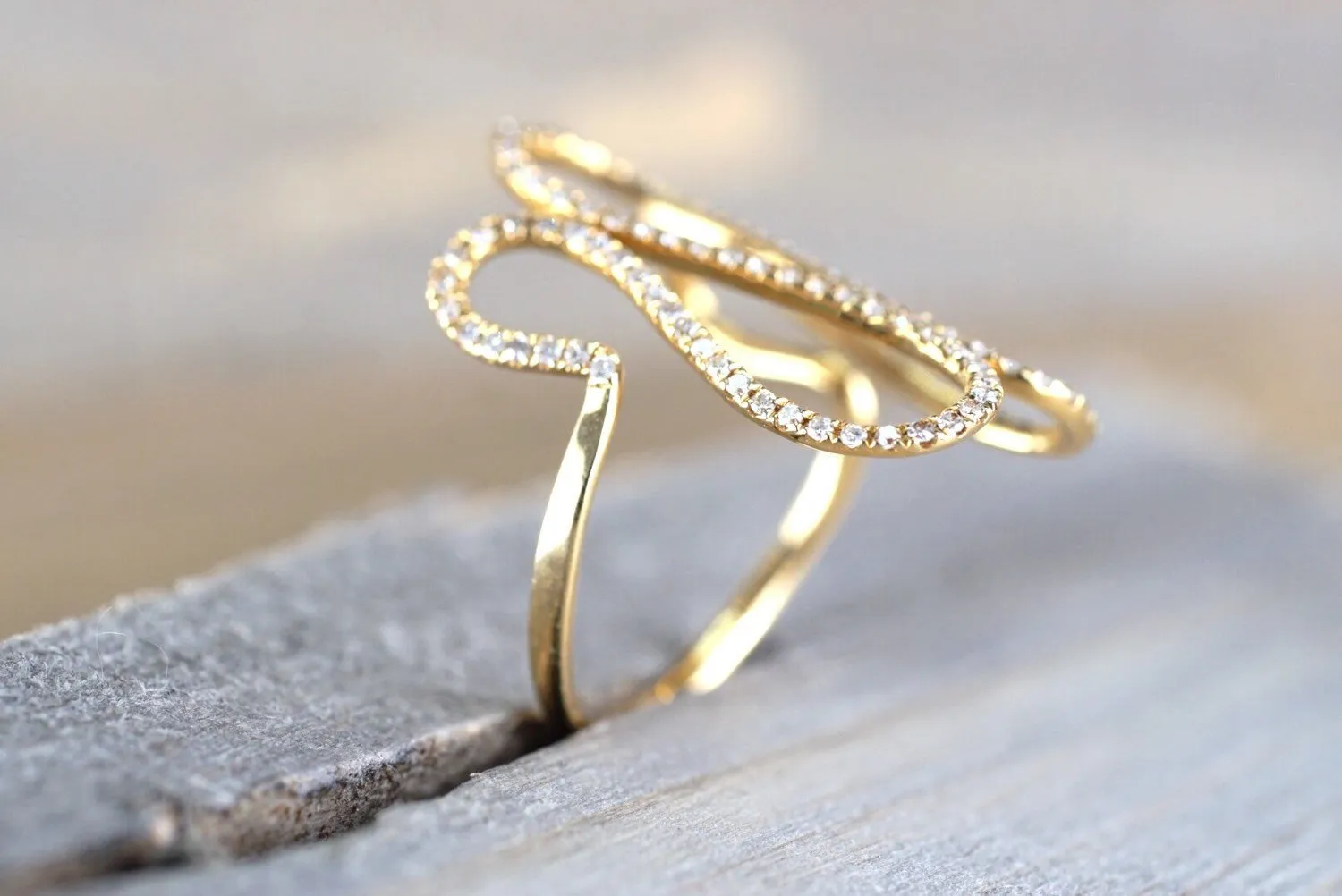 18k Yellow Gold Diamond Fashion Twirl Twist Large Cocktail Ring Band Snake Swirl Infinity Curve