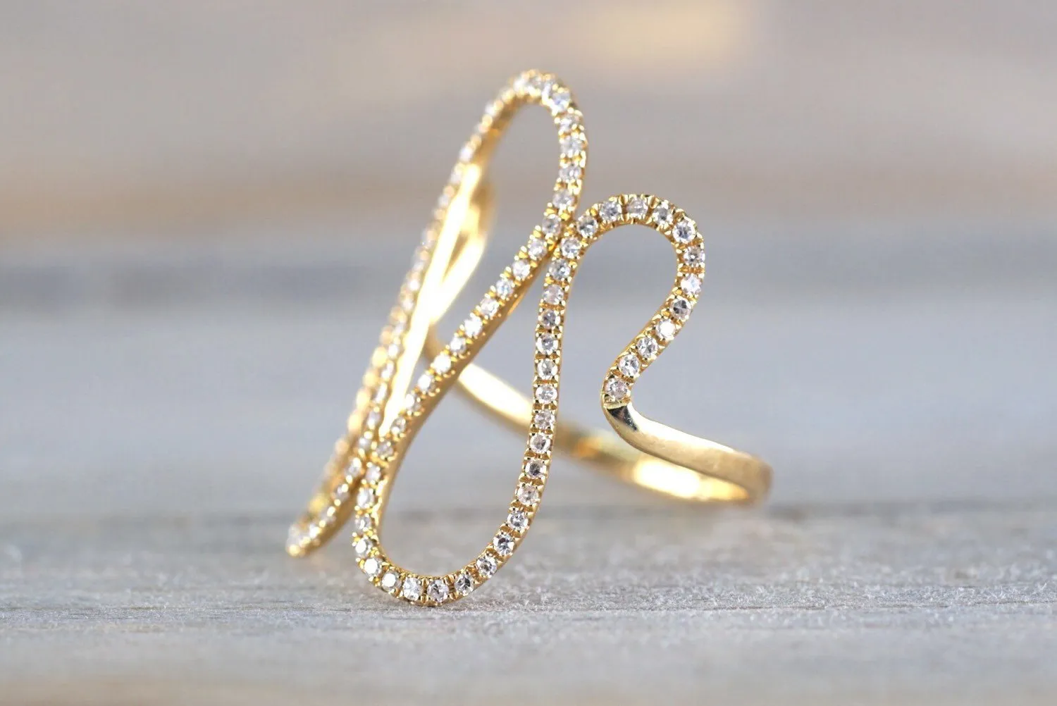 18k Yellow Gold Diamond Fashion Twirl Twist Large Cocktail Ring Band Snake Swirl Infinity Curve