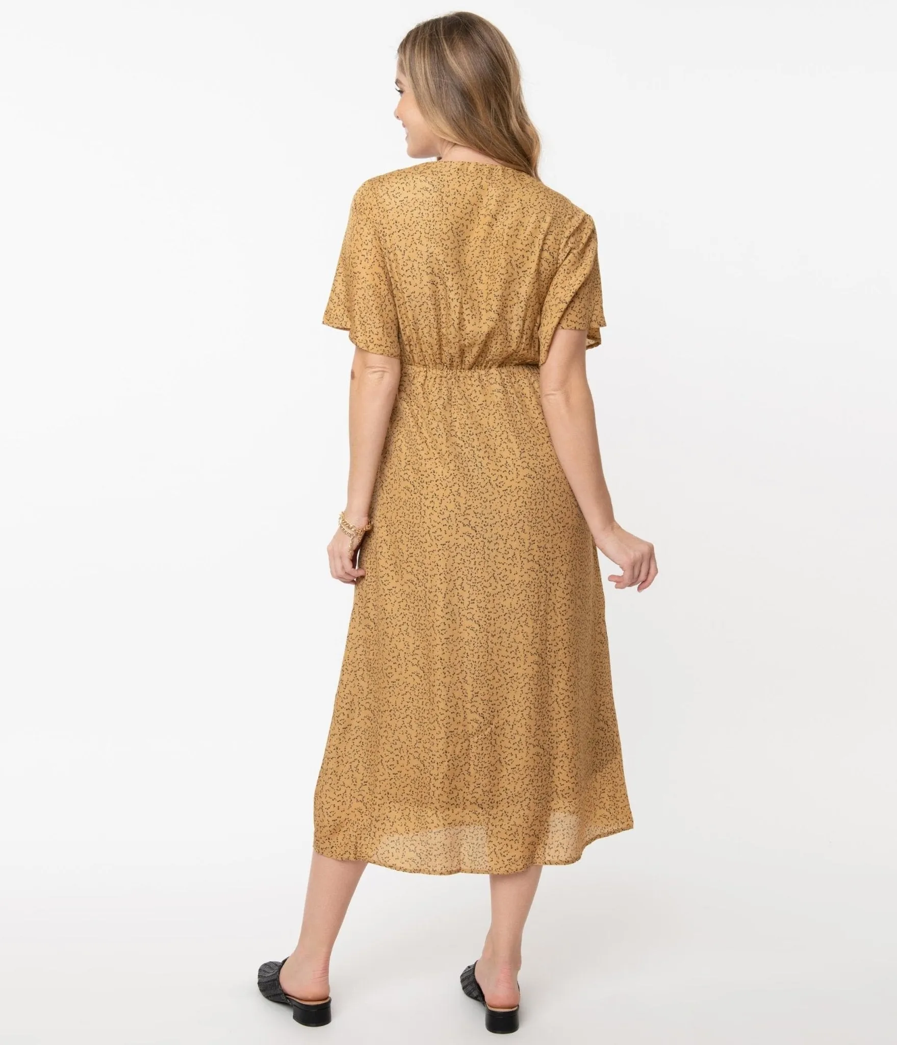 1940s Tan & Black Spotted Print Midi Dress