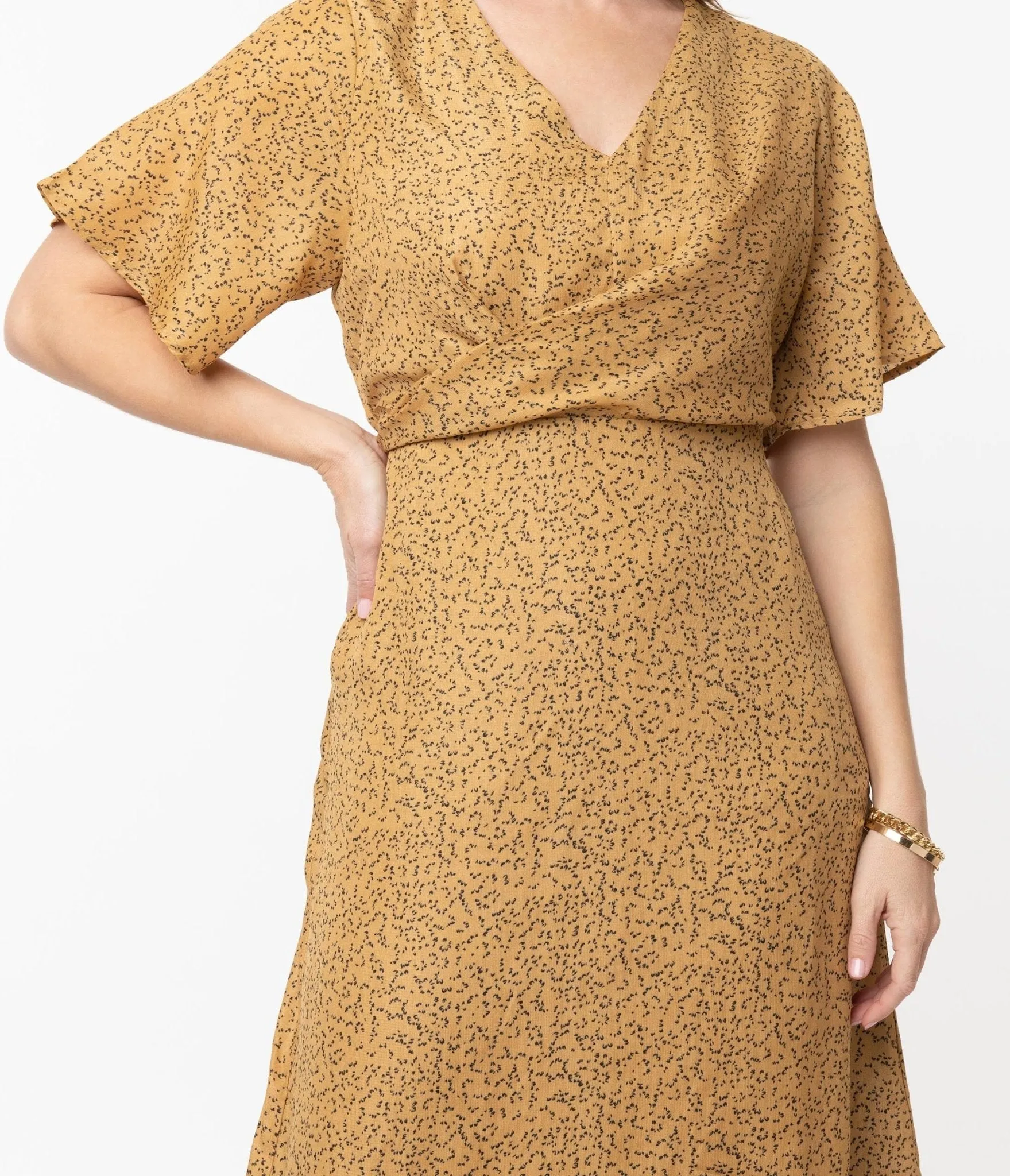 1940s Tan & Black Spotted Print Midi Dress