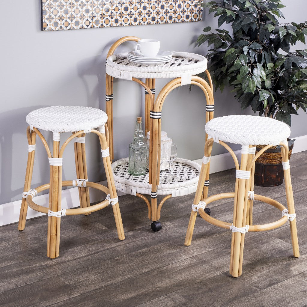 24 White And Natural Rattan Backless Counter Height Bar Chair