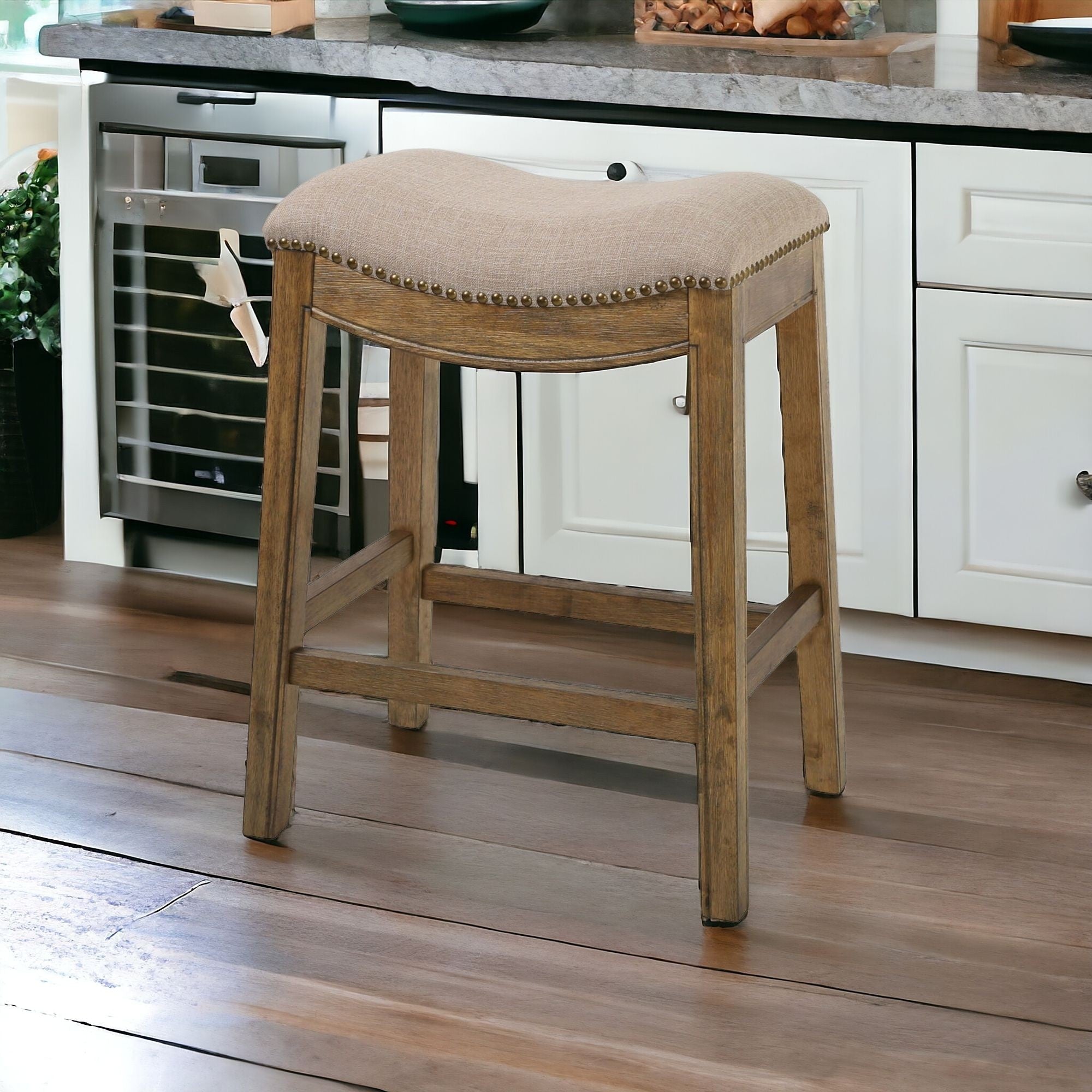 26 Cream And Wood Brown Backless Counter Height Bar Chair