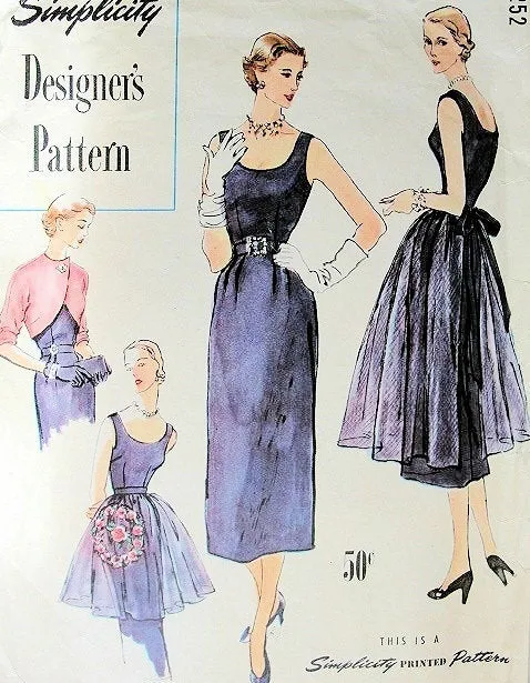 50s Vintage SIMPLICITY DESIGNERS 8252 Pattern  Slim Evening Cocktail Desss Bolero Jacket Long and Short Evening Apron Beautiful 