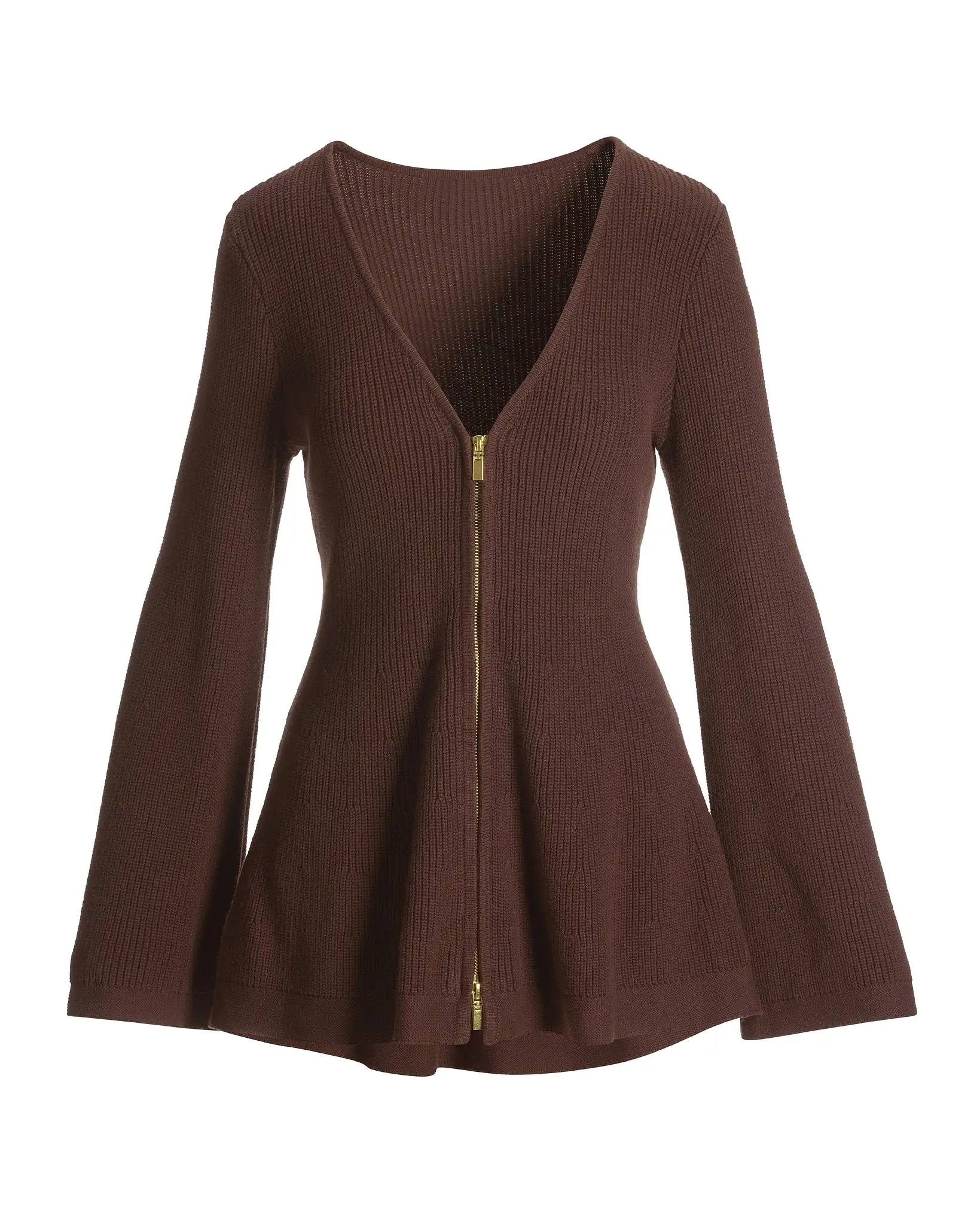 A Line Bell Sleeve Zip Up Cardigan Safari Brown