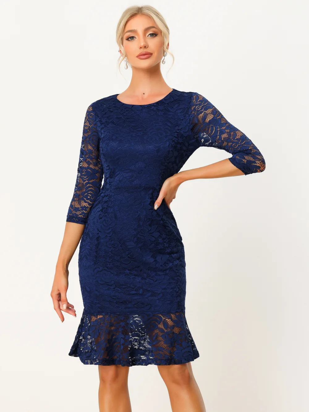 Allegra K- Fishtail 3/4 Sleeve Cocktail Lace Dress