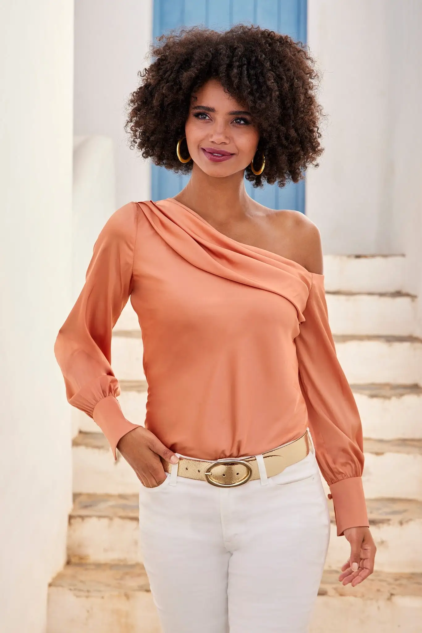 Amelia Shoulder Skimming Charmeuse Blouse Peach