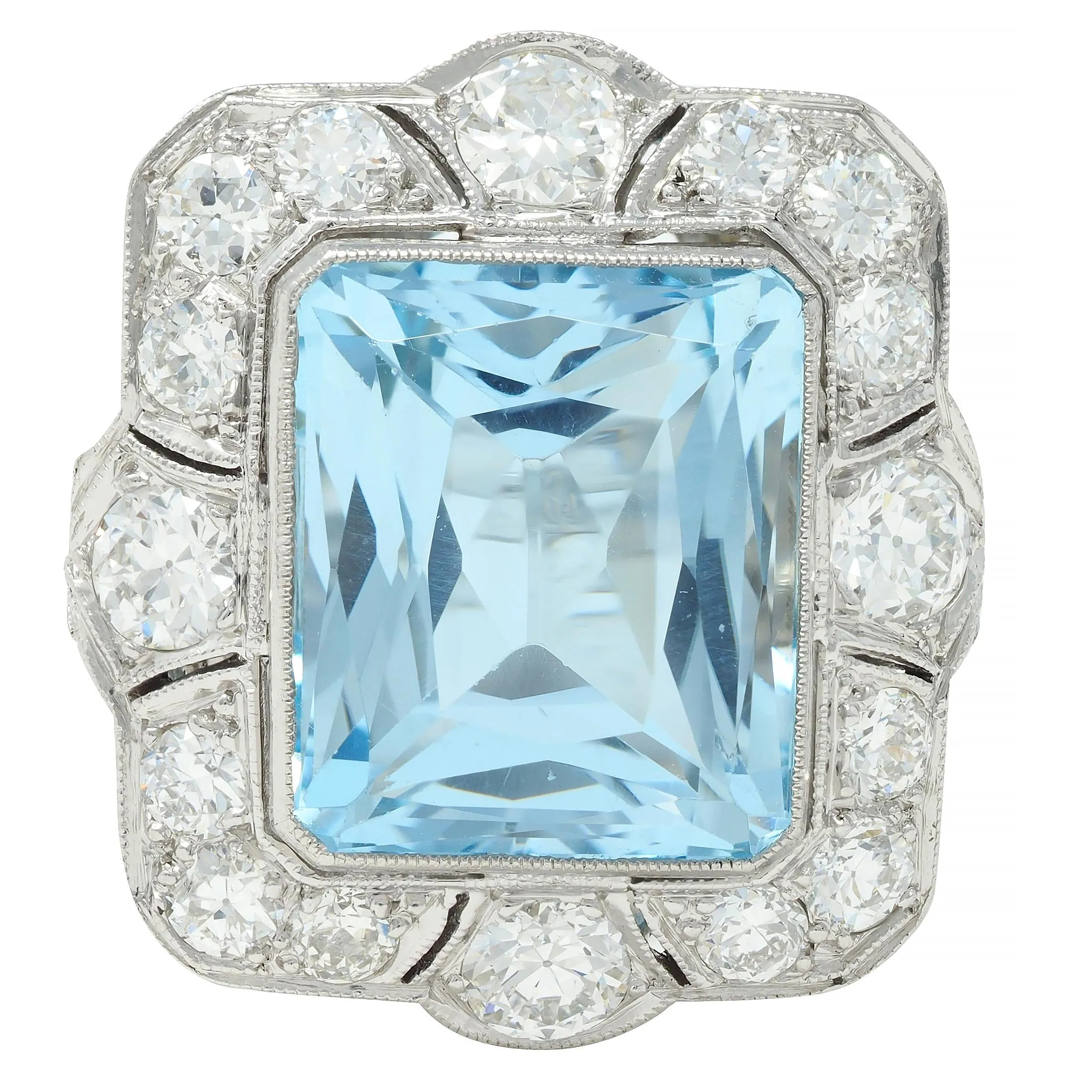 Art Deco 8.48 CTW Aquamarine Old European Cut Diamond Platinum Vintage Cocktail Ring