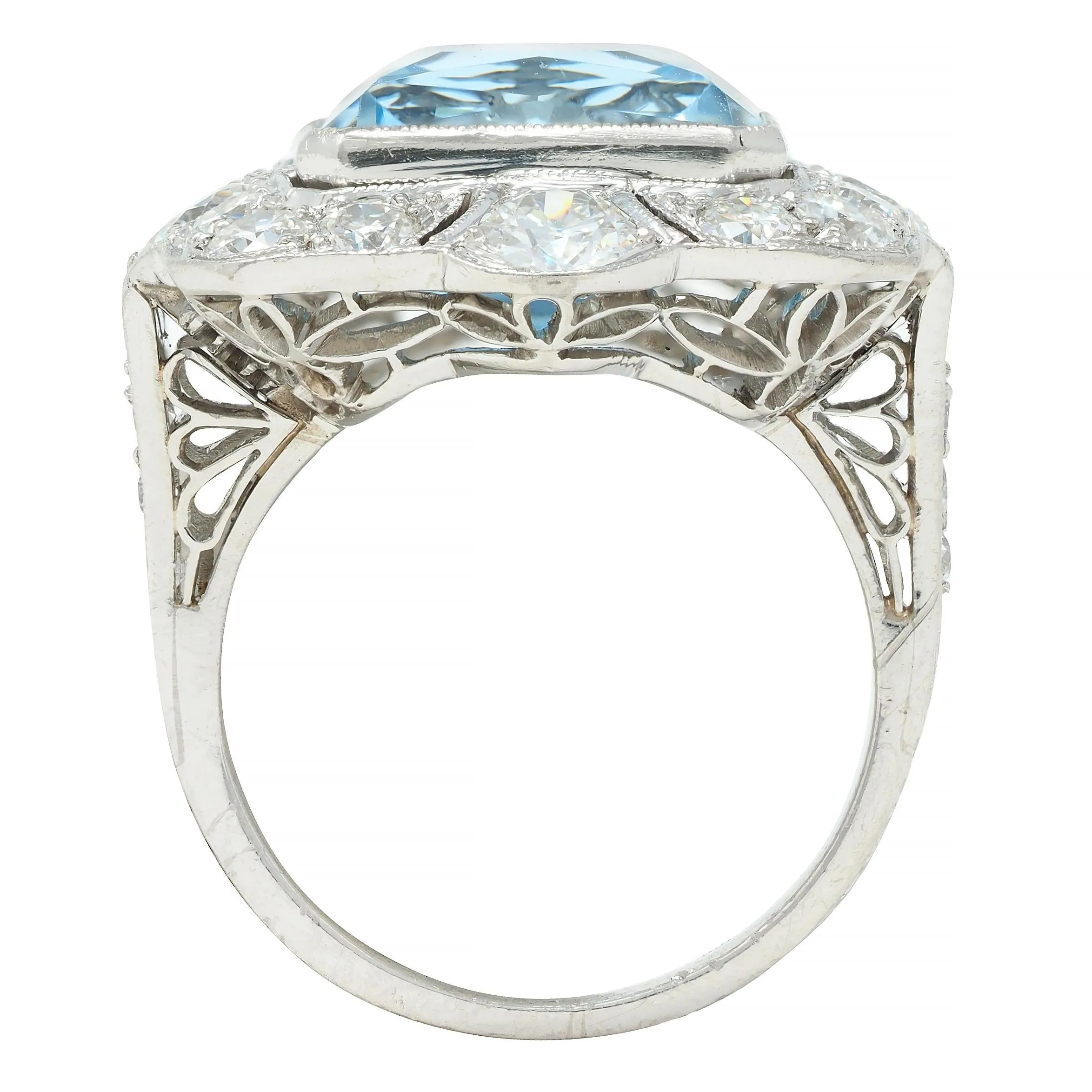 Art Deco 8.48 CTW Aquamarine Old European Cut Diamond Platinum Vintage Cocktail Ring