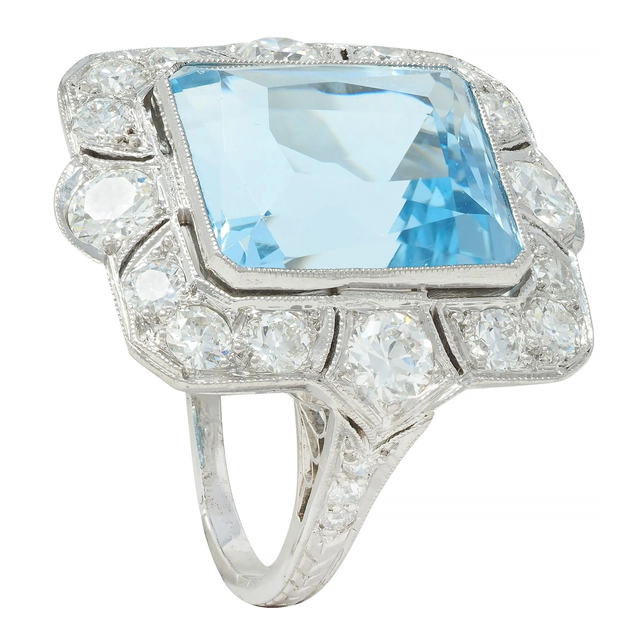 Art Deco 8.48 CTW Aquamarine Old European Cut Diamond Platinum Vintage Cocktail Ring