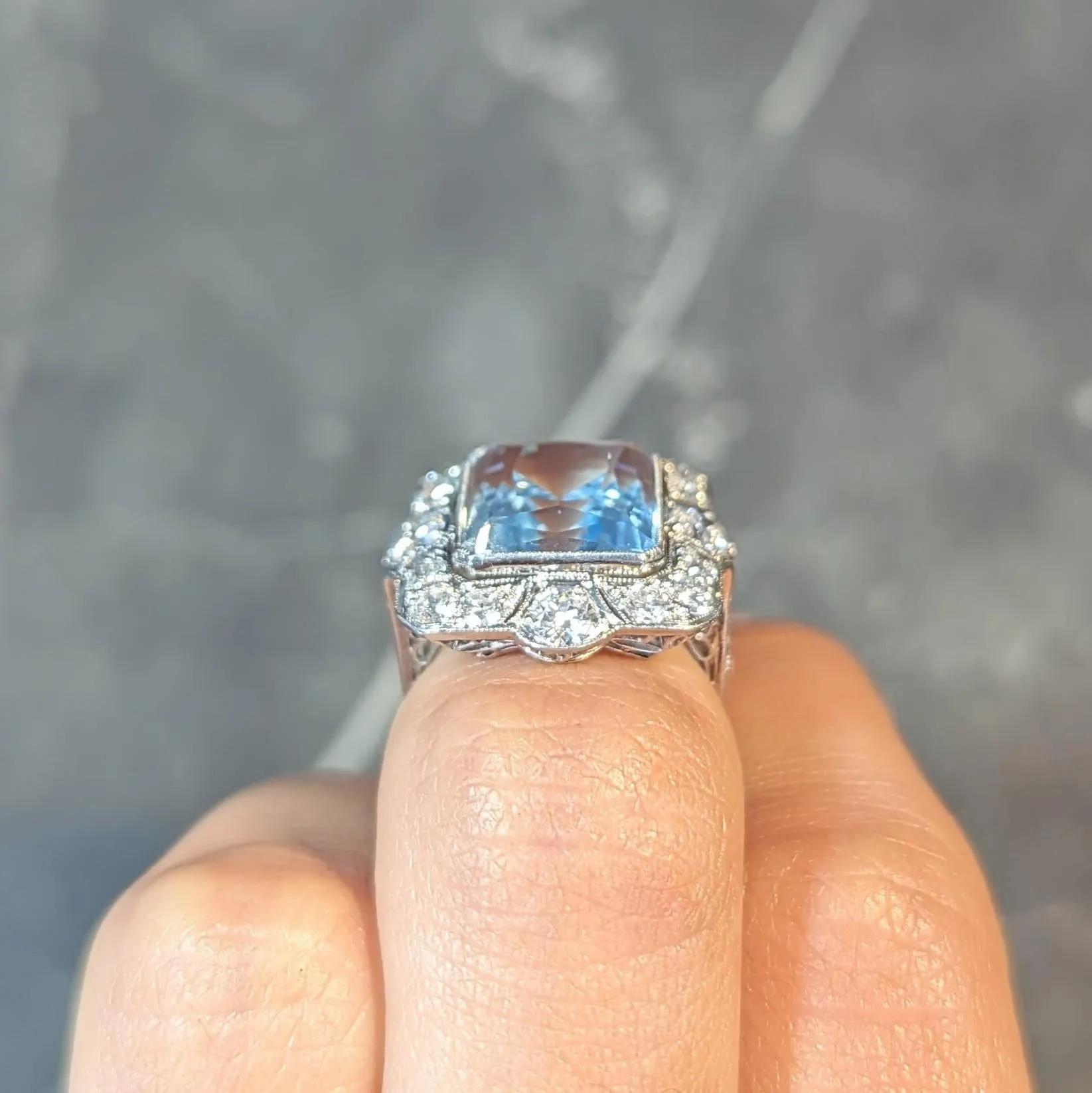 Art Deco 8.48 CTW Aquamarine Old European Cut Diamond Platinum Vintage Cocktail Ring