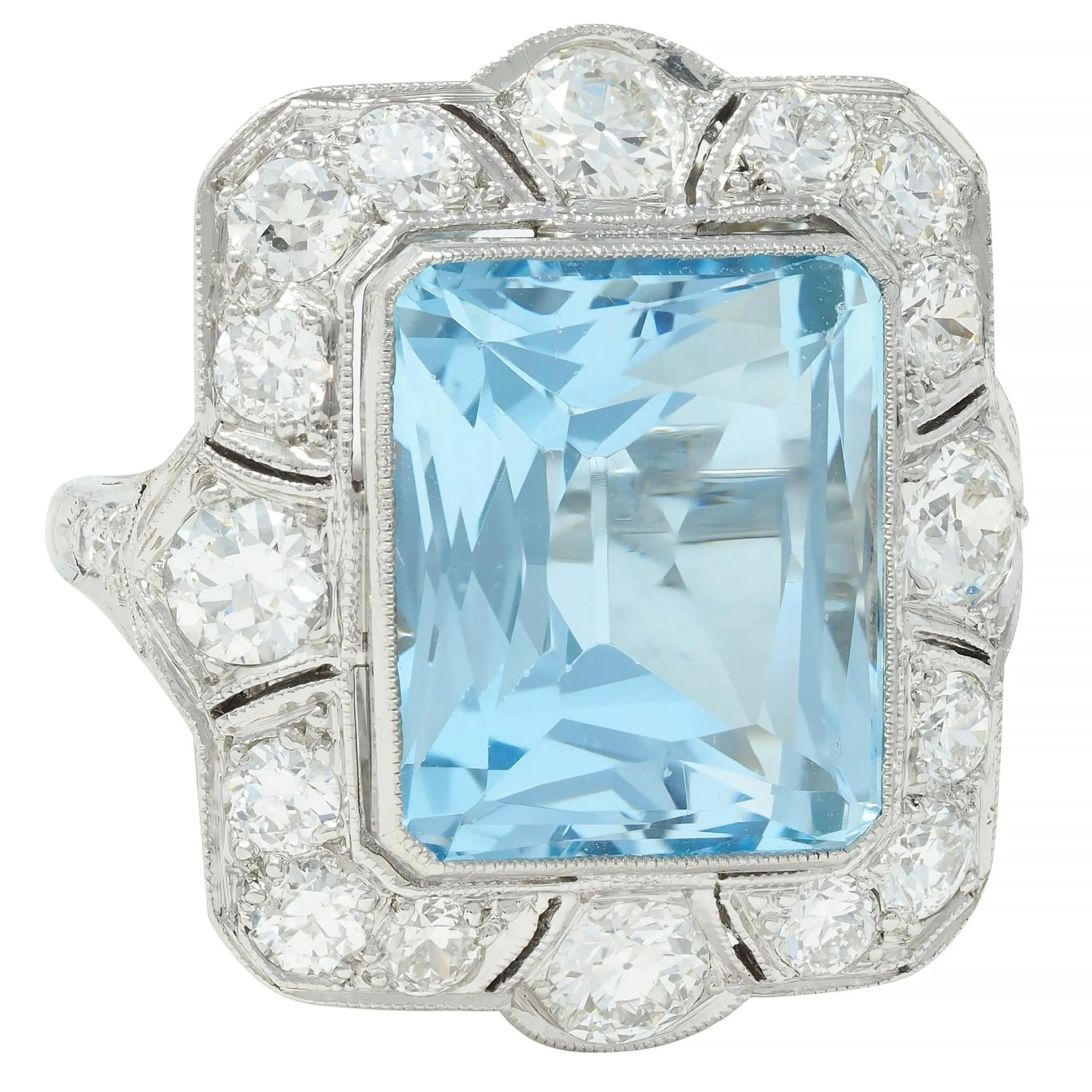 Art Deco 8.48 CTW Aquamarine Old European Cut Diamond Platinum Vintage Cocktail Ring