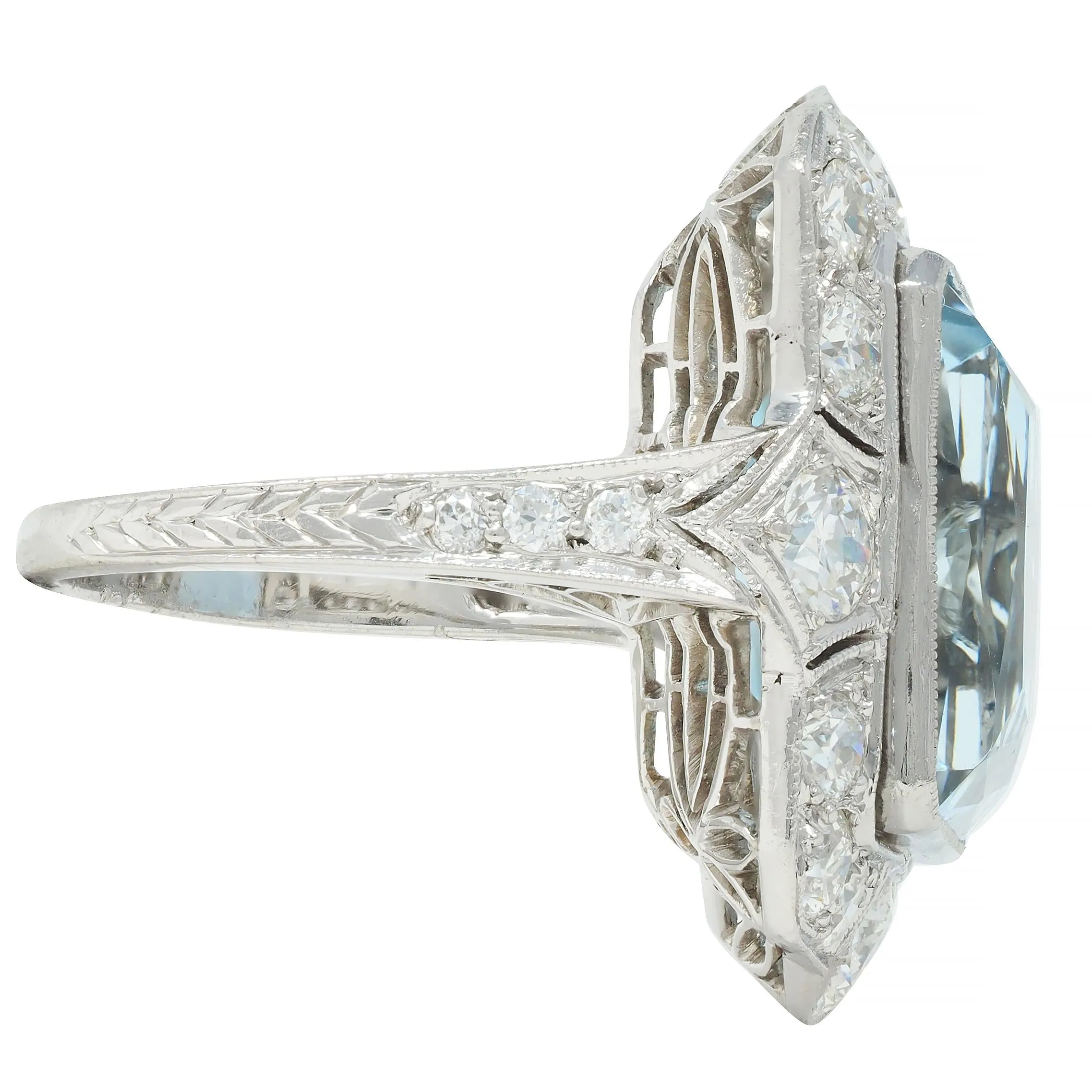 Art Deco 8.48 CTW Aquamarine Old European Cut Diamond Platinum Vintage Cocktail Ring