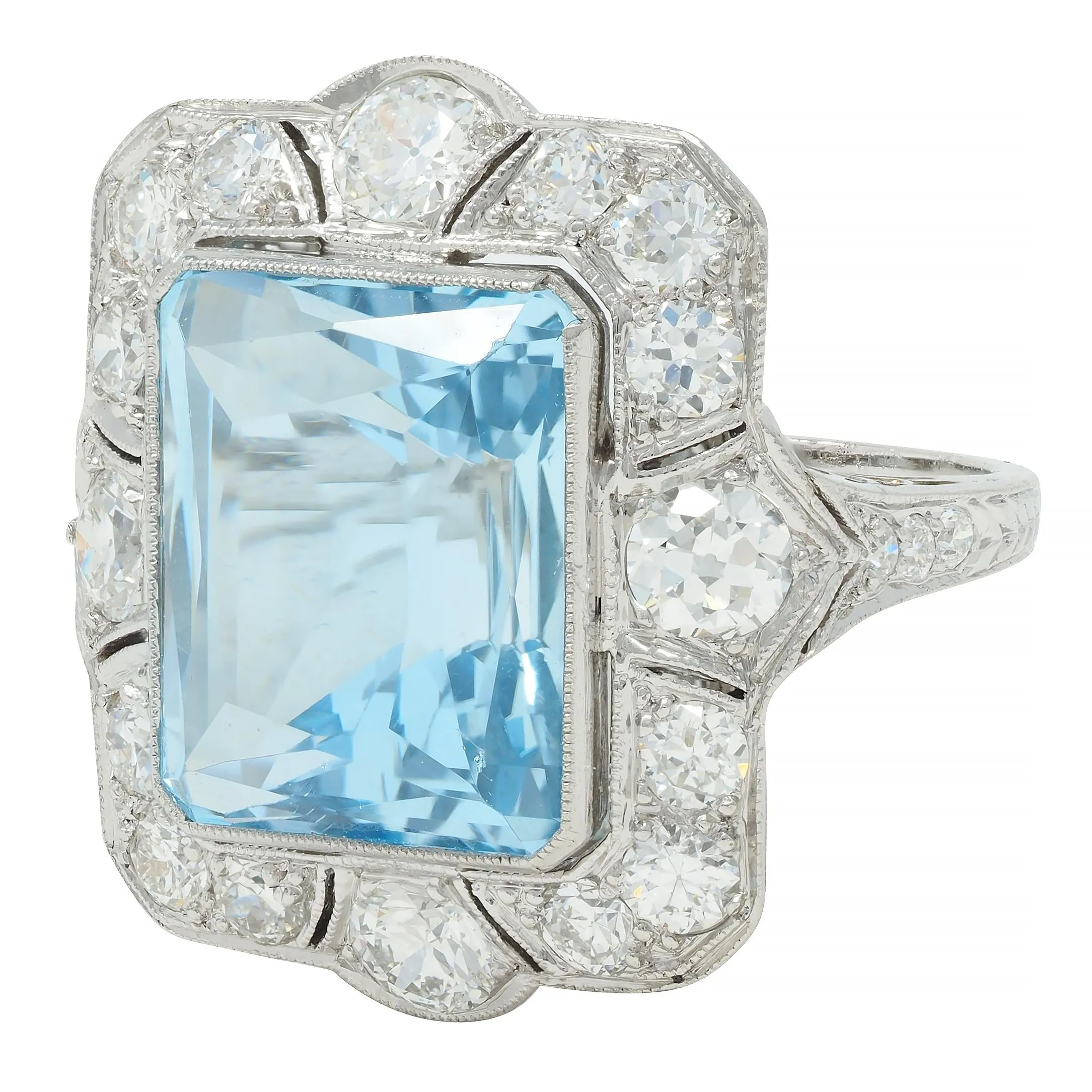 Art Deco 8.48 CTW Aquamarine Old European Cut Diamond Platinum Vintage Cocktail Ring