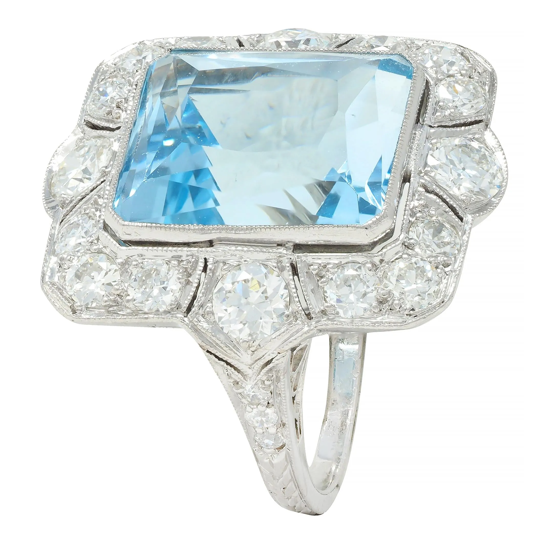 Art Deco 8.48 CTW Aquamarine Old European Cut Diamond Platinum Vintage Cocktail Ring