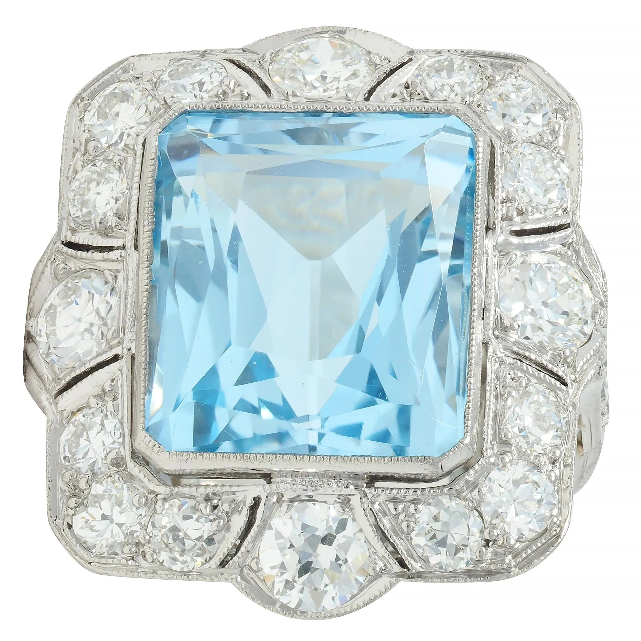 Art Deco 8.48 CTW Aquamarine Old European Cut Diamond Platinum Vintage Cocktail Ring