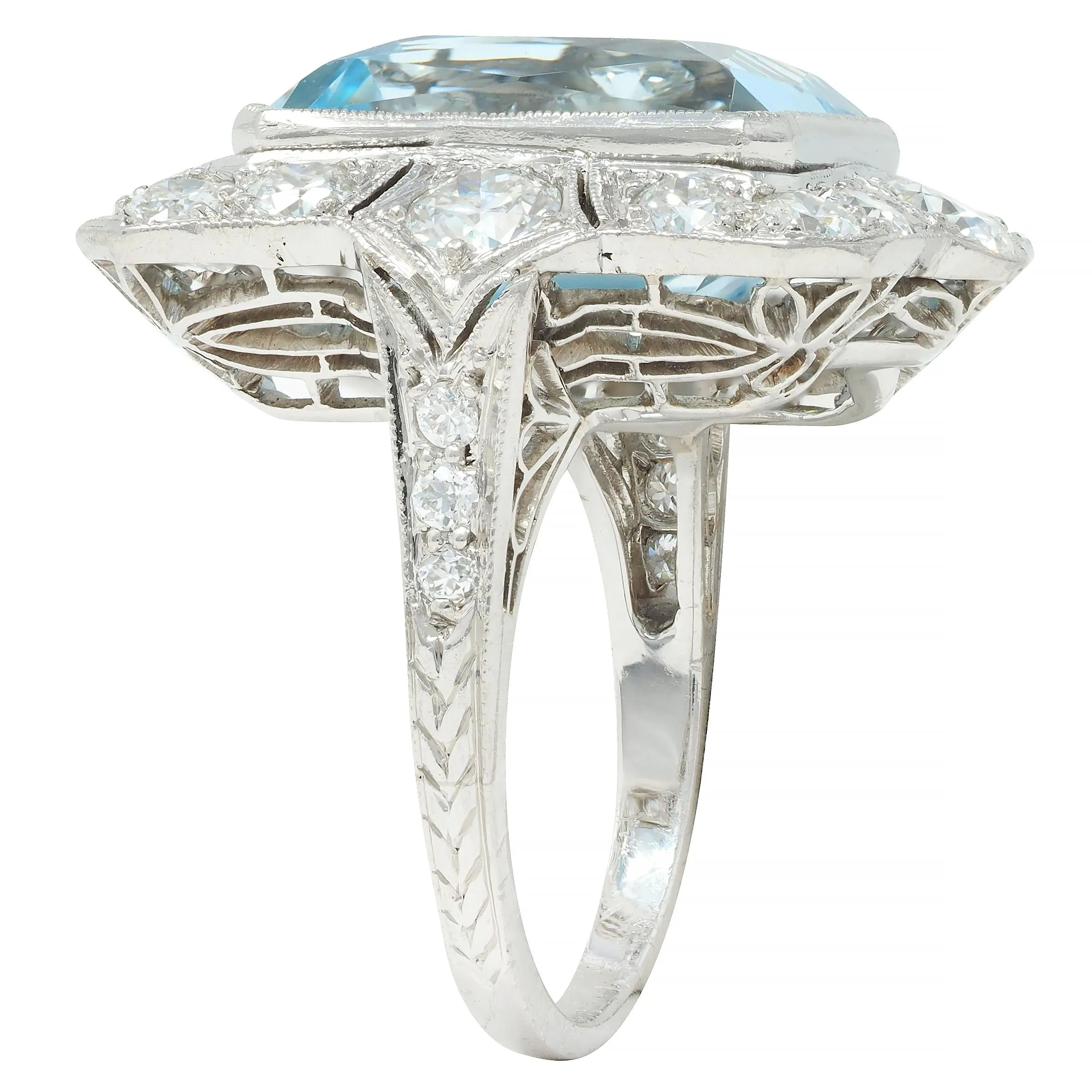 Art Deco 8.48 CTW Aquamarine Old European Cut Diamond Platinum Vintage Cocktail Ring