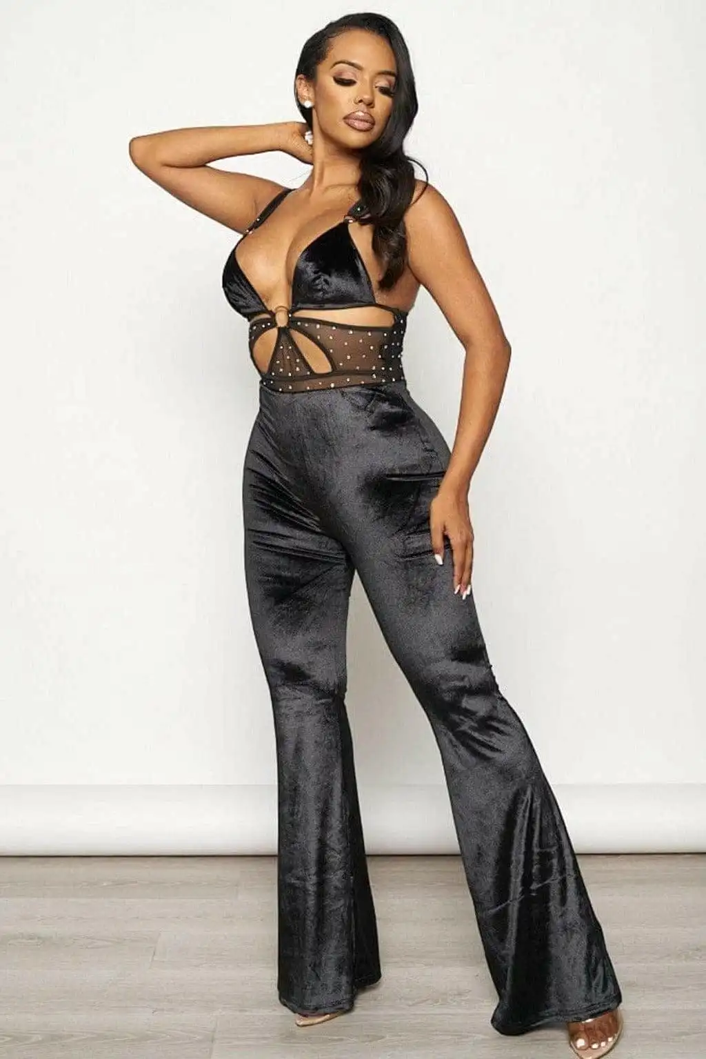 Band Waist Poplin Velvet Jumpsuits