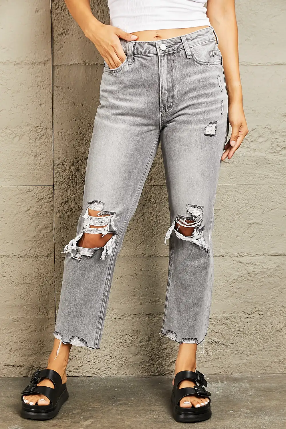 BAYEAS High Waisted Cropped Straight Jeans