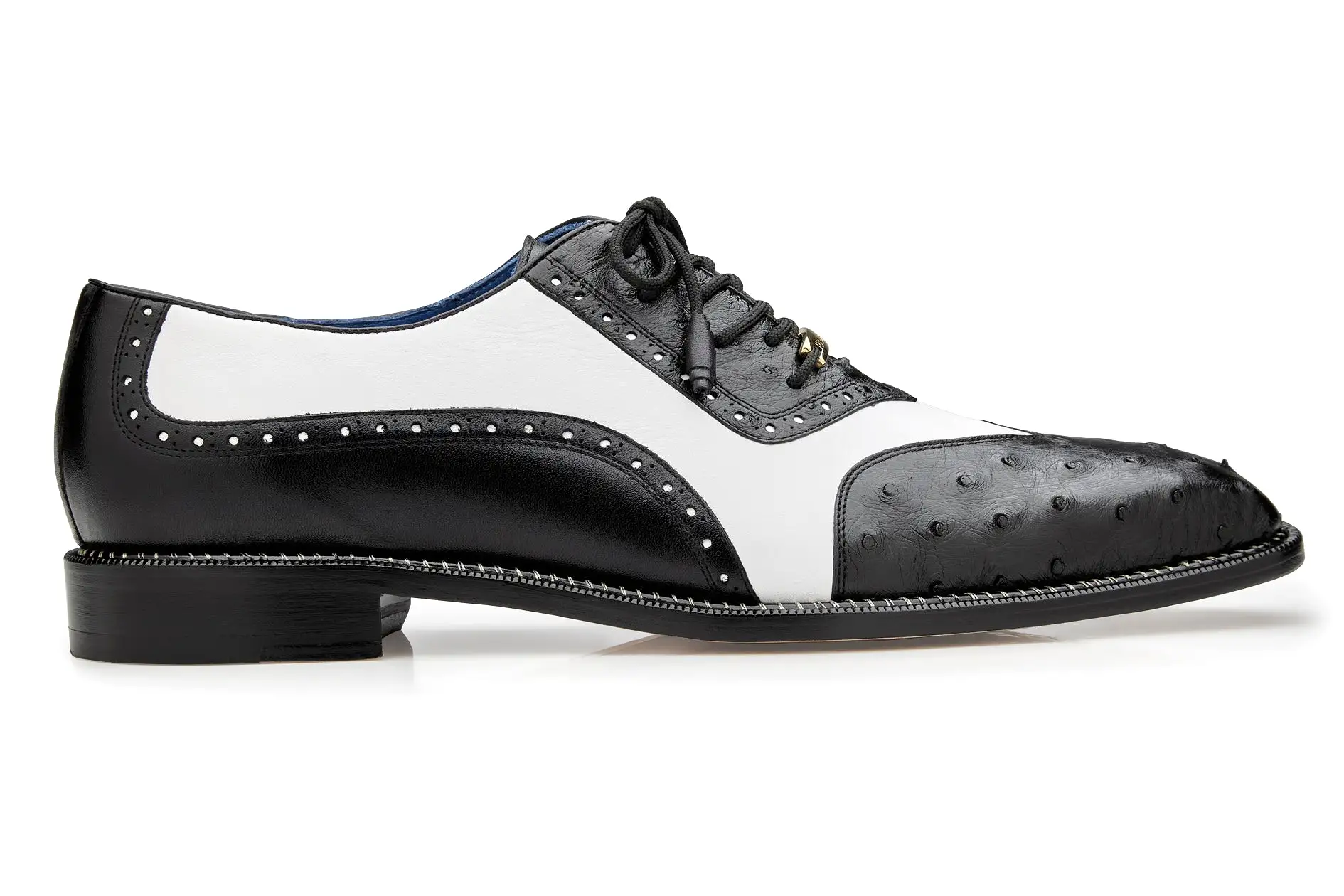 Belvedere - Sesto, Genuine Ostrich Quill and Italian Leather Wing Tip Dress Shoe - Black/White - R54