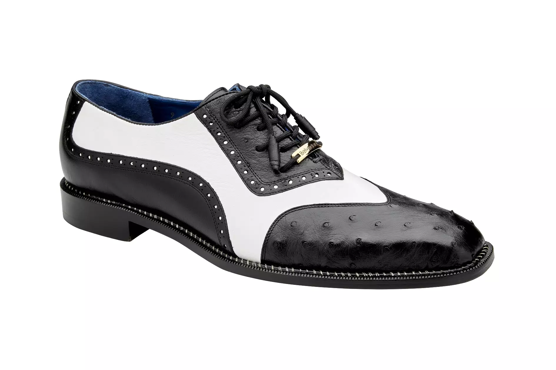 Belvedere - Sesto, Genuine Ostrich Quill and Italian Leather Wing Tip Dress Shoe - Black/White - R54