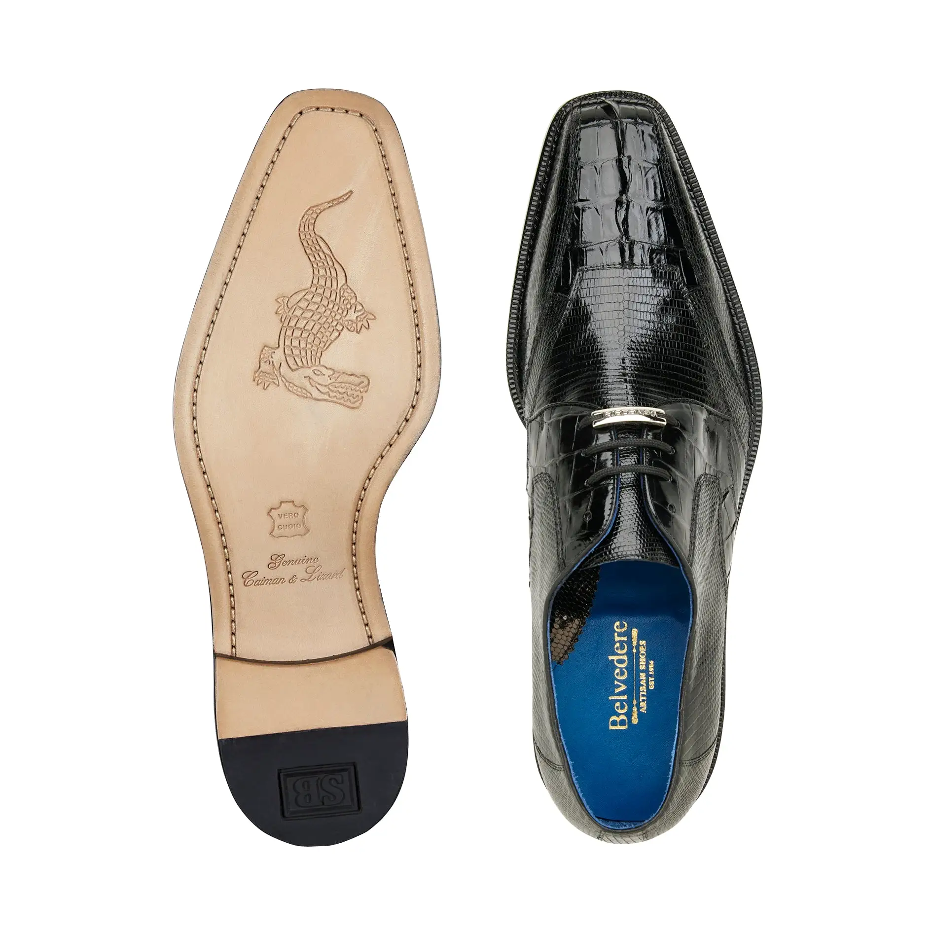 Belvedere - Valter, Genuine Caiman Crocodile and Lizard Dress Shoe - Black - 1480