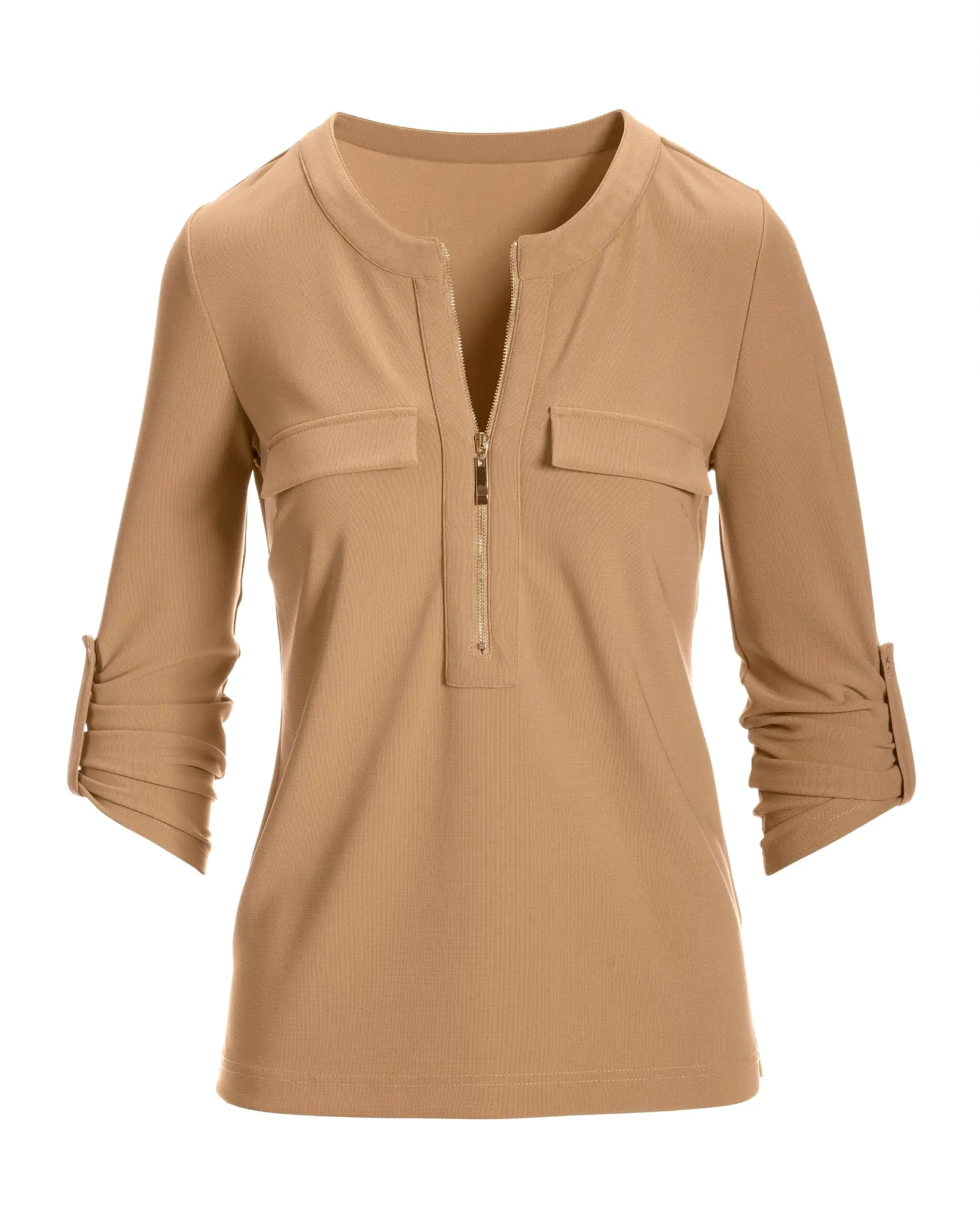 Beyond Travel Zip Tab Sleeve Top Camel