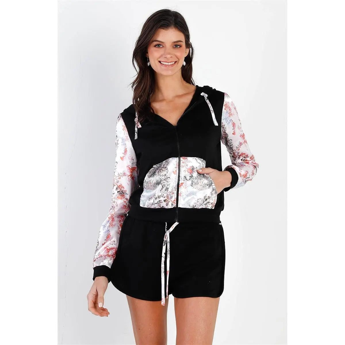 Black & Multi Color Print Colorblock Zip-up Hooded Top & Short Set