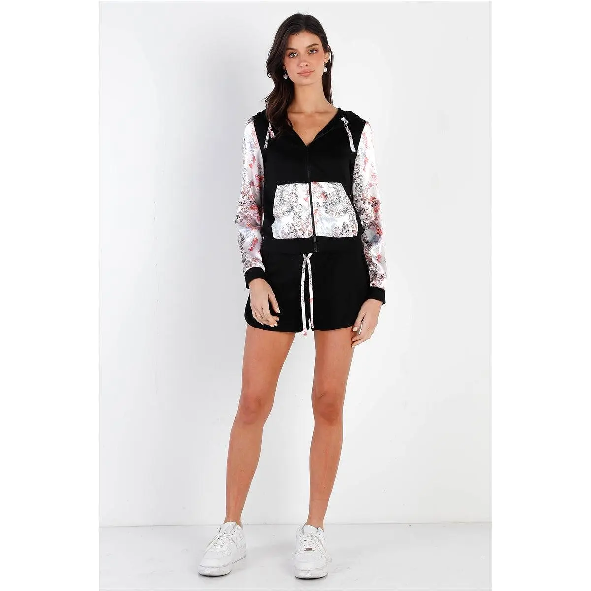 Black & Multi Color Print Colorblock Zip-up Hooded Top & Short Set