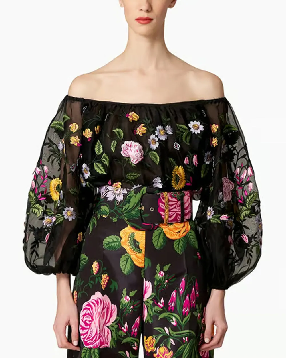 Black Floral Embroidered Off The Shoulder Blouse