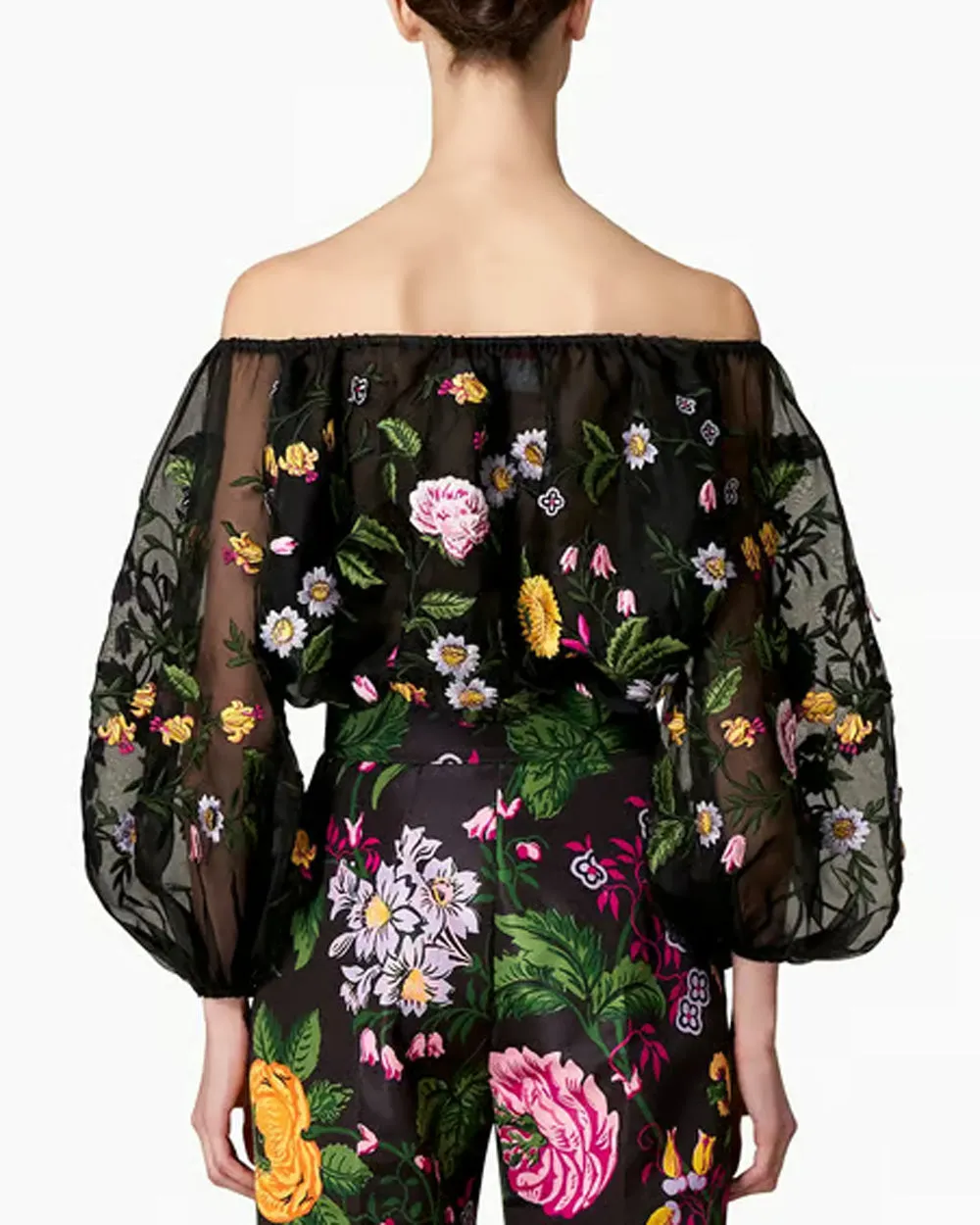 Black Floral Embroidered Off The Shoulder Blouse