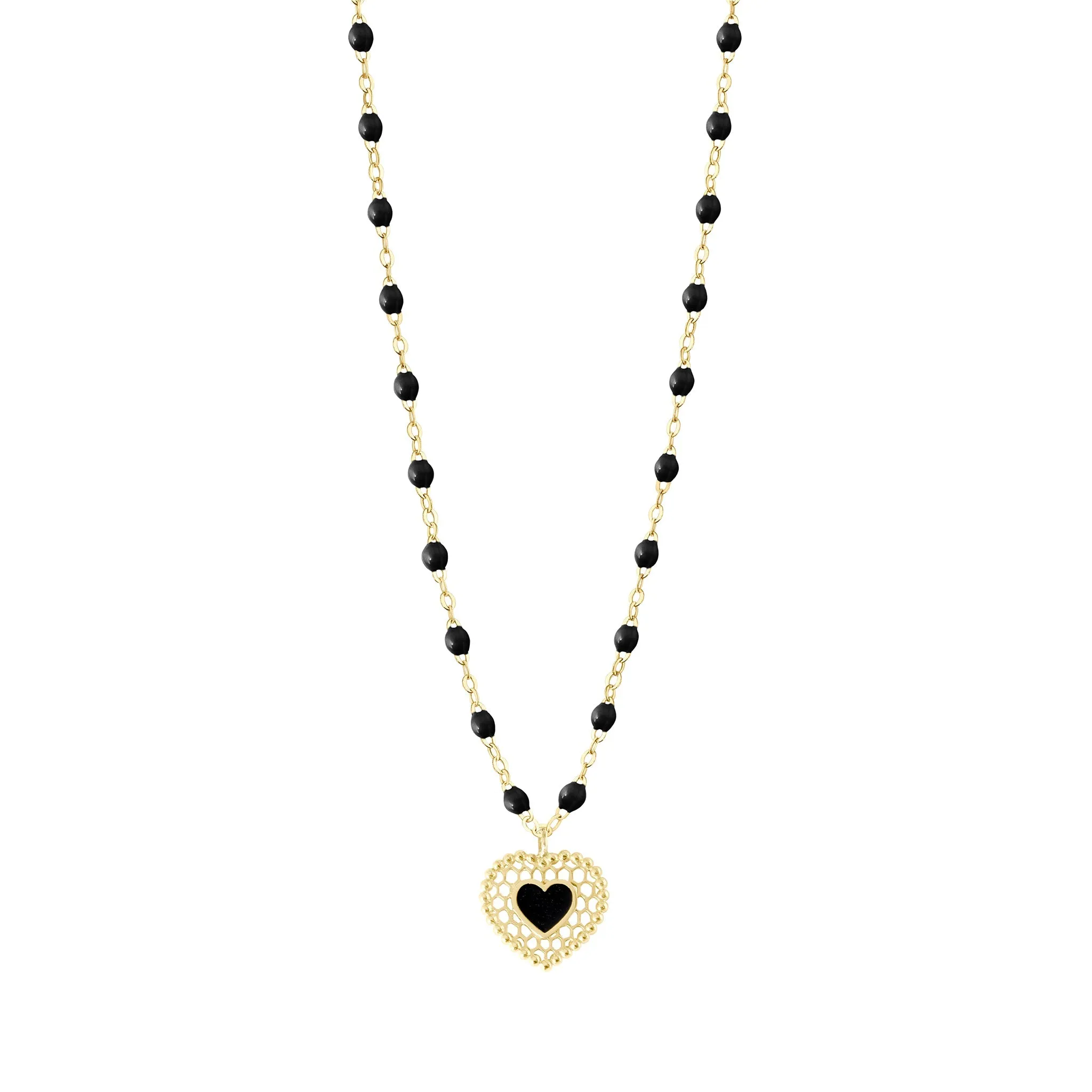 Black Lace Heart Necklace, Yellow Gold, 16.5