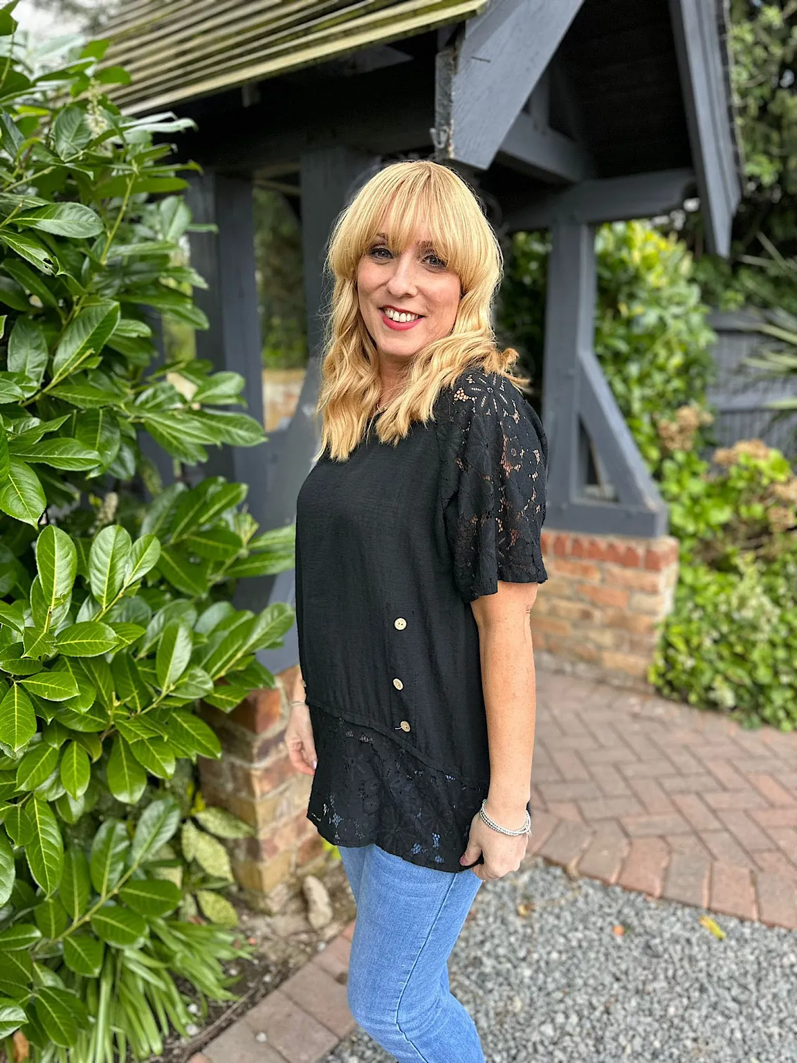 Black Lace Hem Button Detail Top Jayne