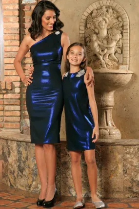 Blue Navy Stretchy MetallicEvening Chic Cocktail Mommy and Me Dress