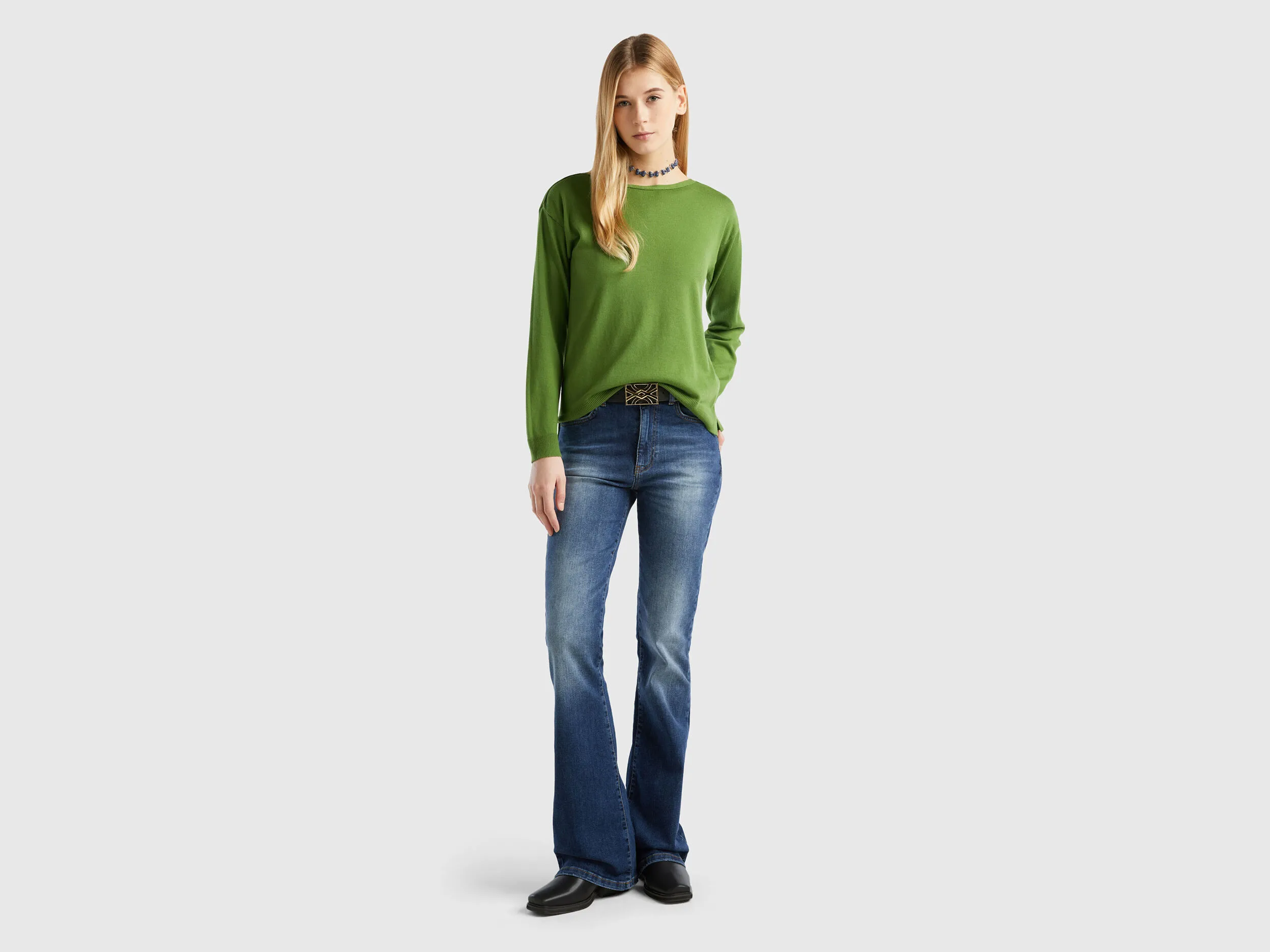 Boat neck sweater - Military Green | Benetton