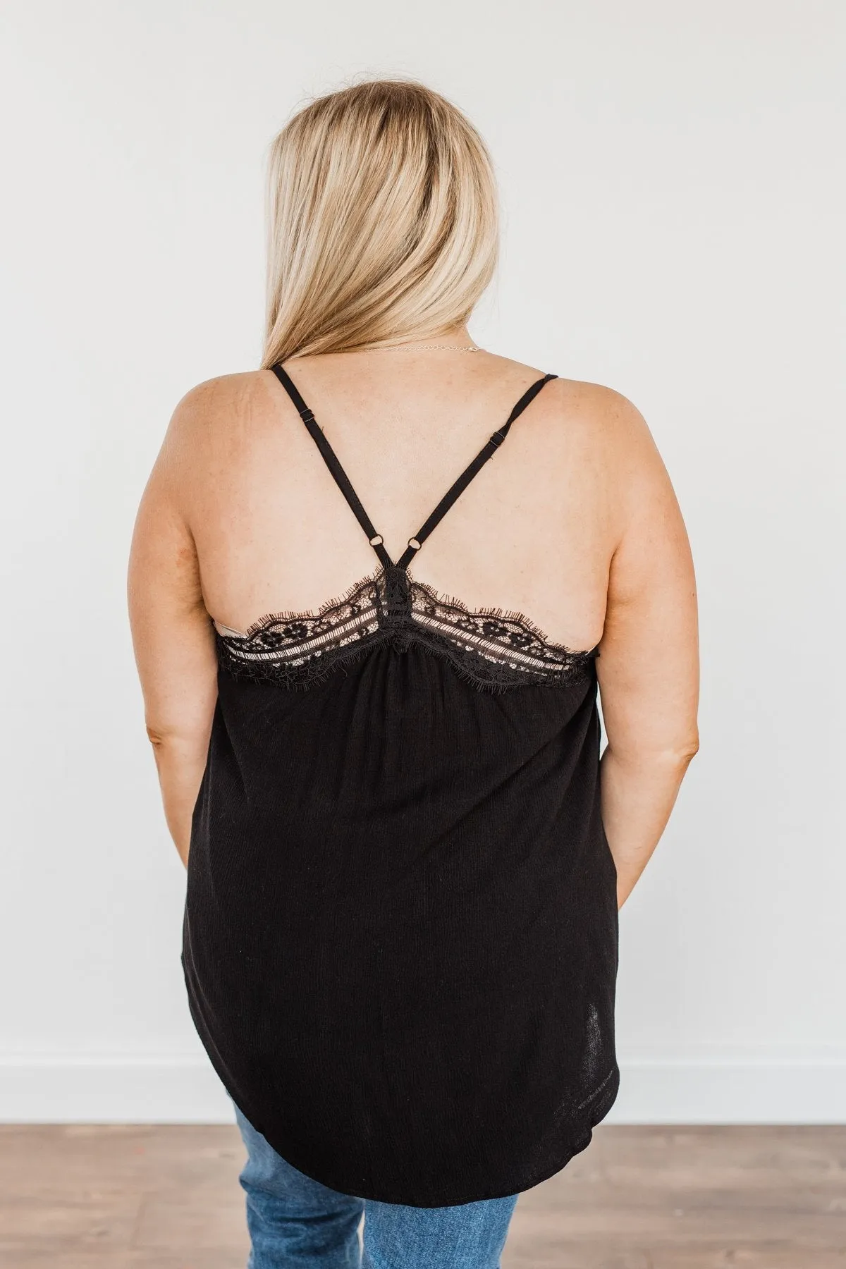 Breathing Easy Lace Trimmed Tank Top- Black