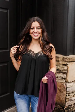 Breathing Easy Lace Trimmed Tank Top- Black