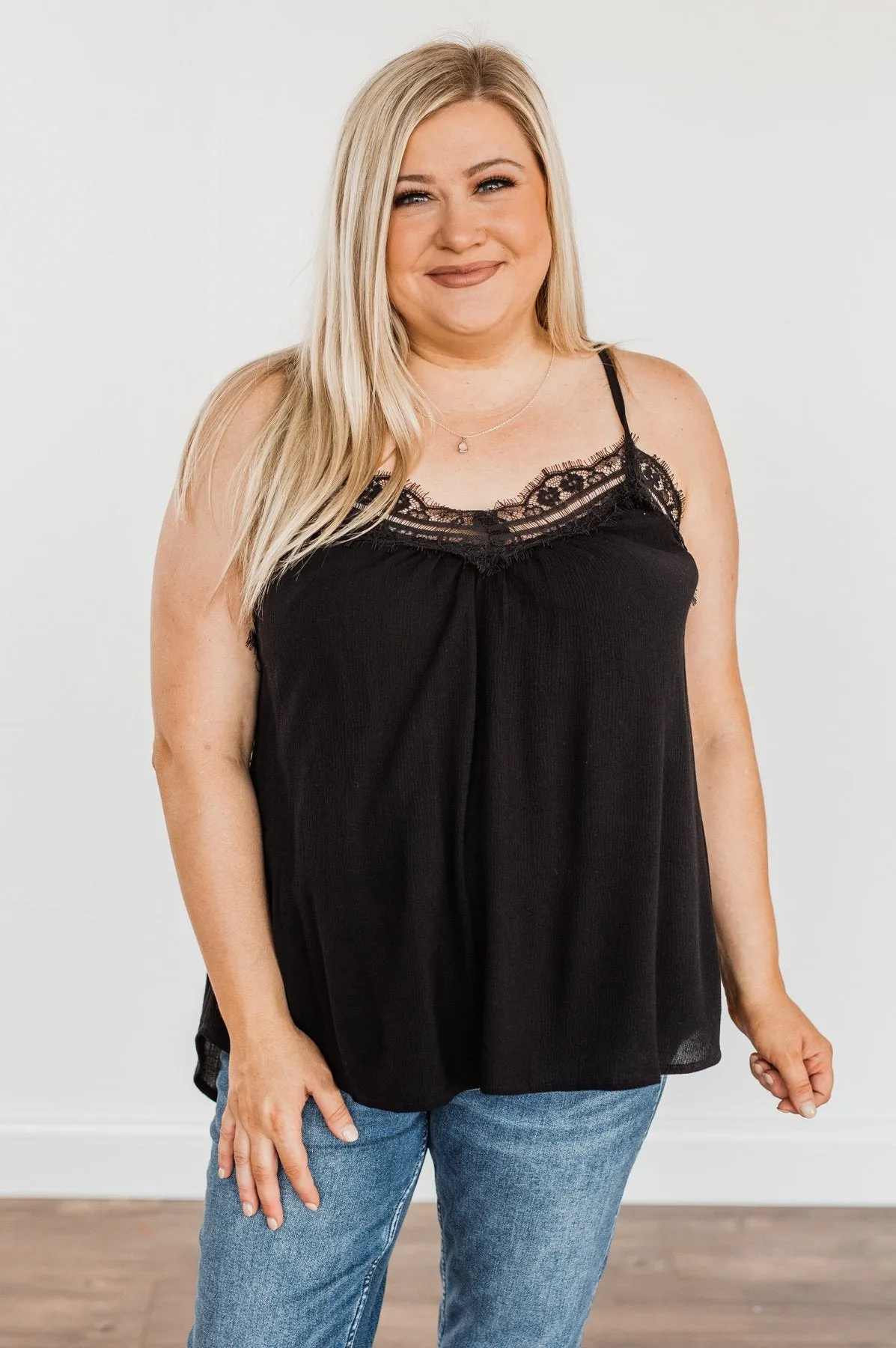 Breathing Easy Lace Trimmed Tank Top- Black