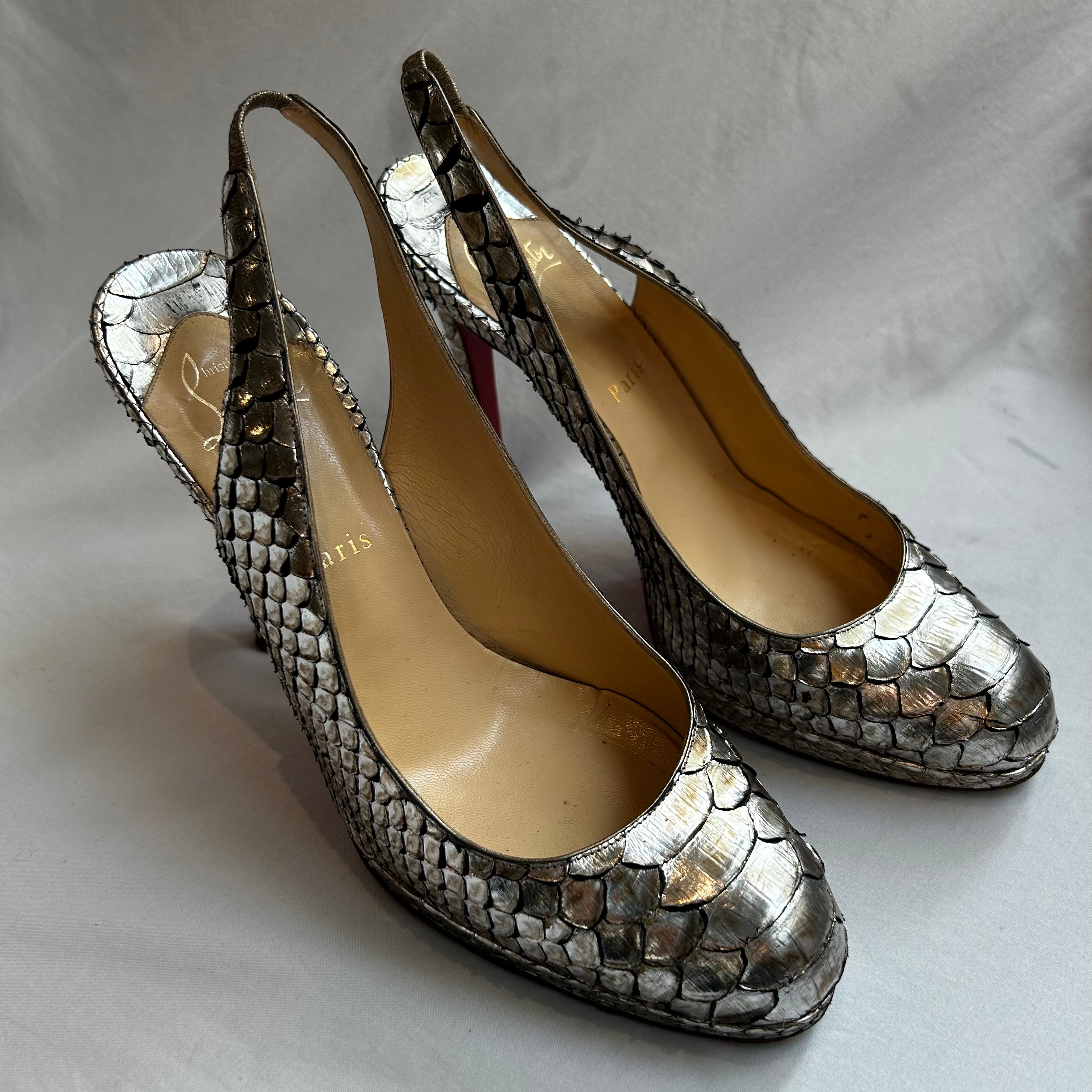 Christian Louboutin Silver Python Slingback Heels 40