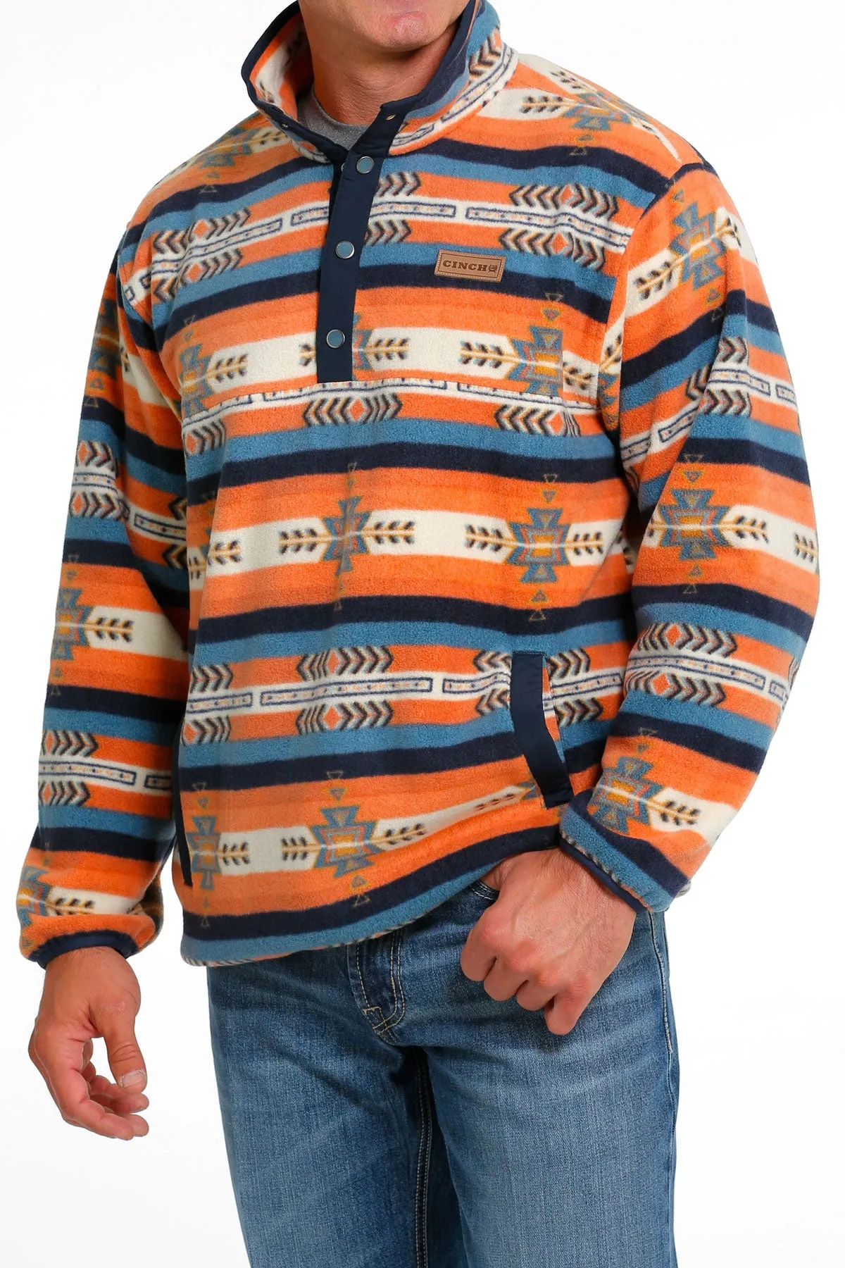 Cinch Men's Quarter Snap Orange and Blue Aztec Fleece Pullover