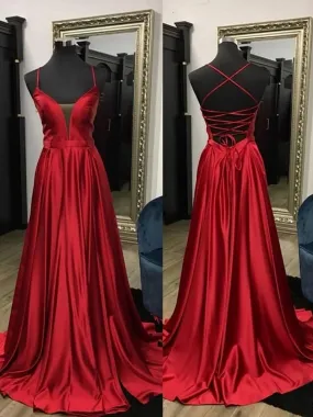 Classy Red Satin Backless Crisscross Straps Prom Dres