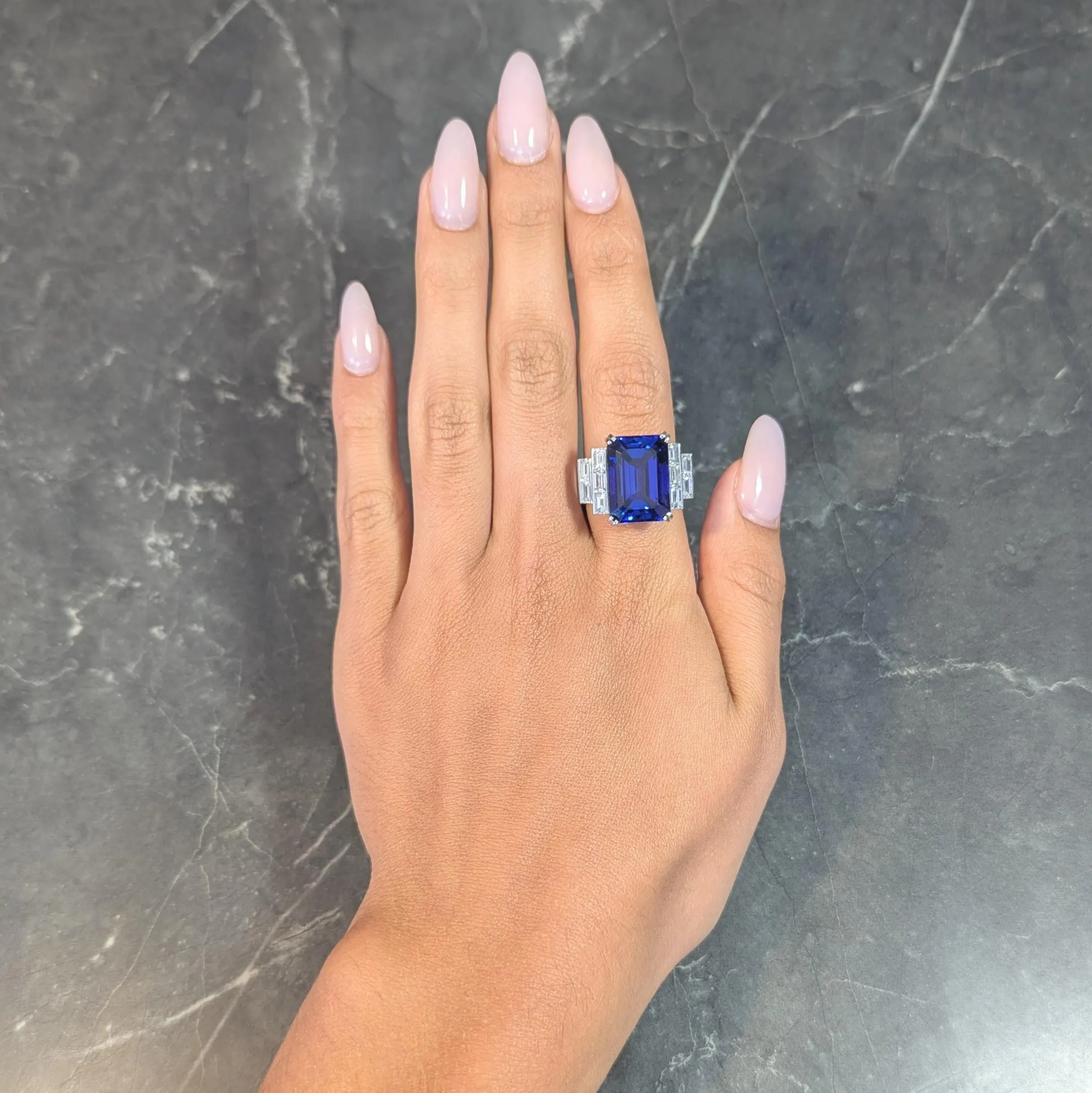 Contemporary 17.90 CTW Tanzanite Diamond Platinum Stepped Cocktail Ring