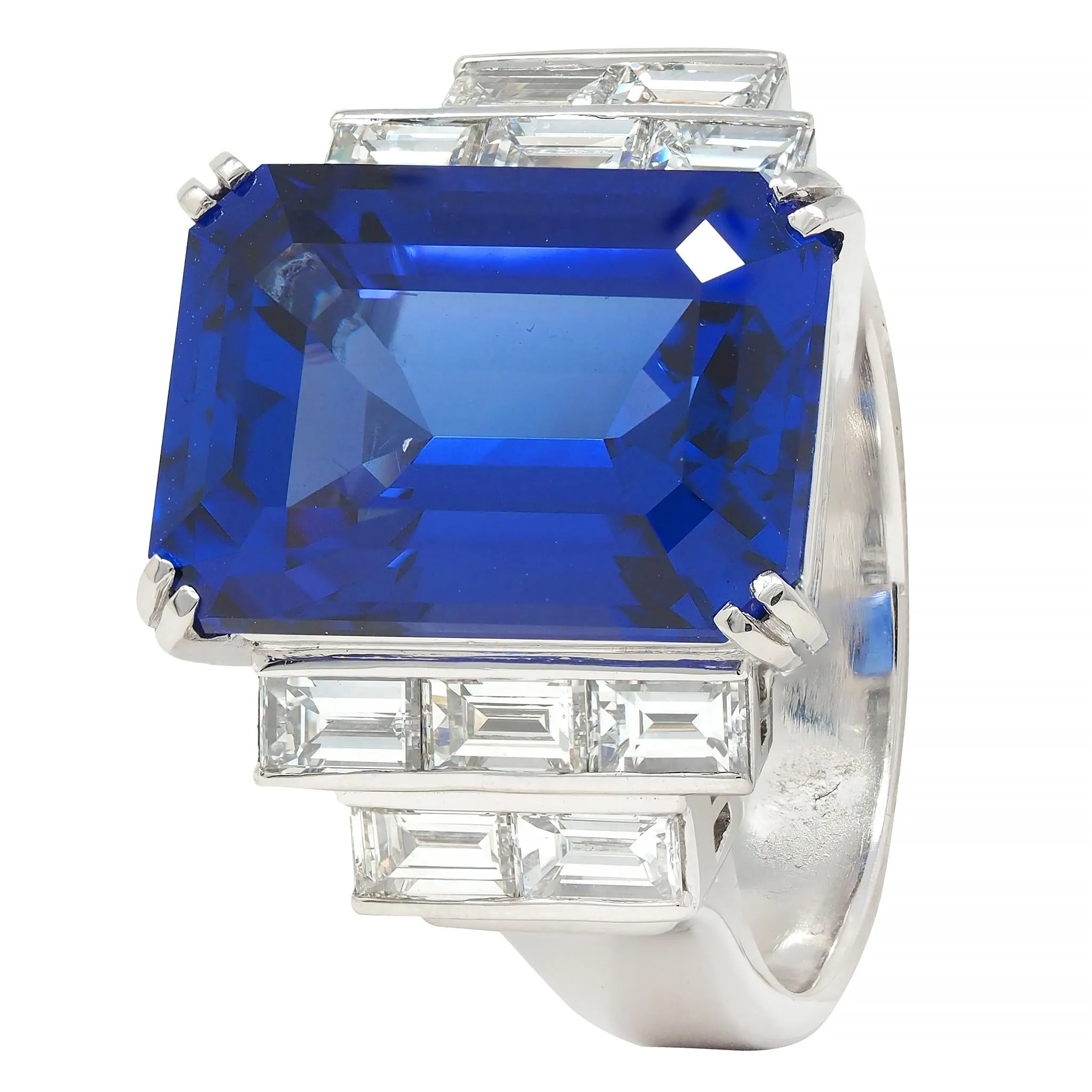 Contemporary 17.90 CTW Tanzanite Diamond Platinum Stepped Cocktail Ring