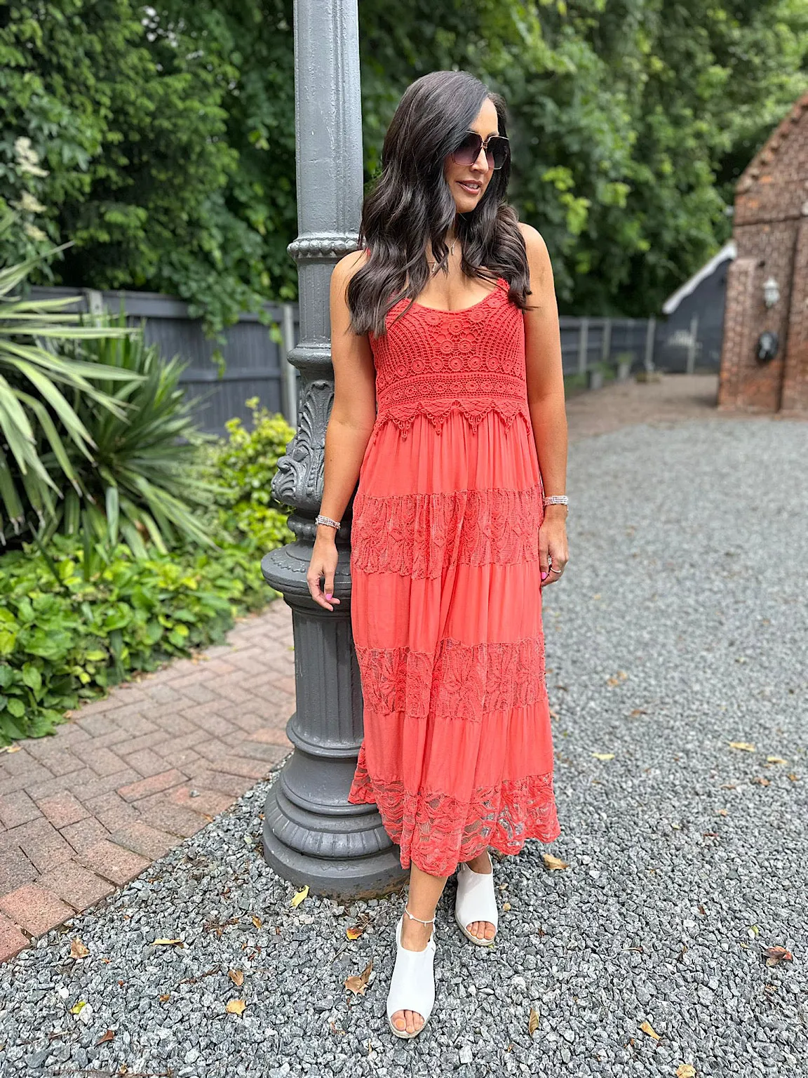 Coral Delicate Lace Crochet Panel Maxi Dress Eden