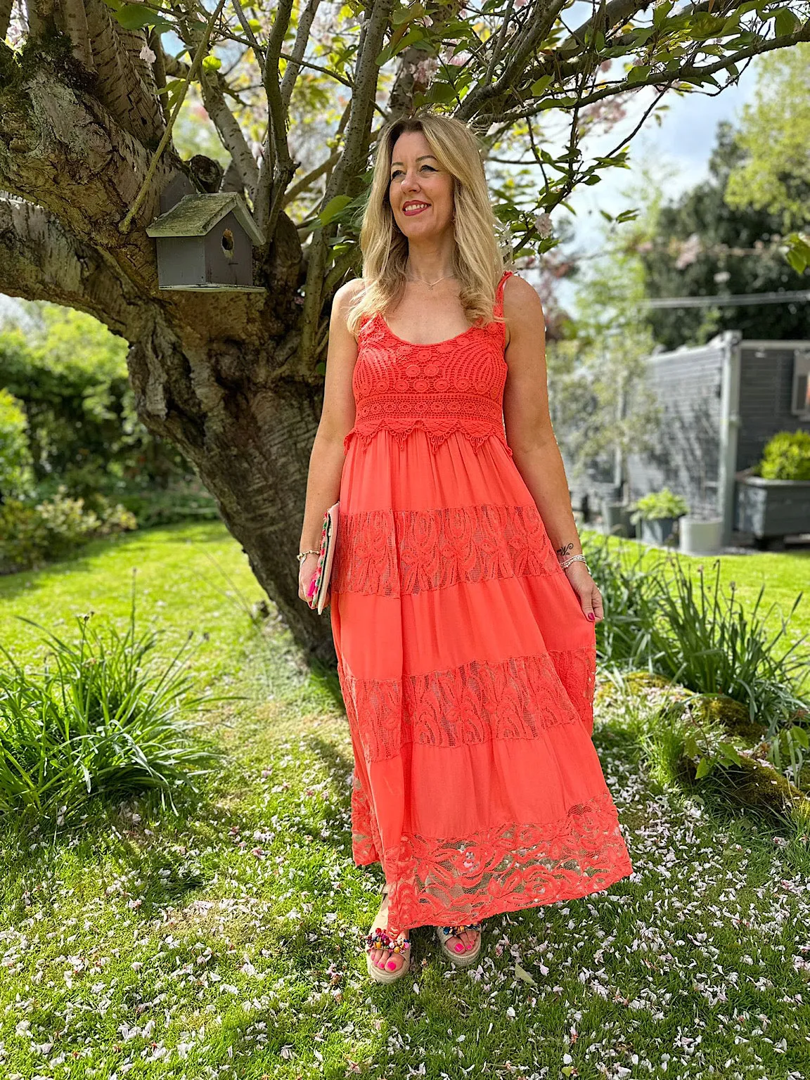 Coral Delicate Lace Crochet Panel Maxi Dress Eden