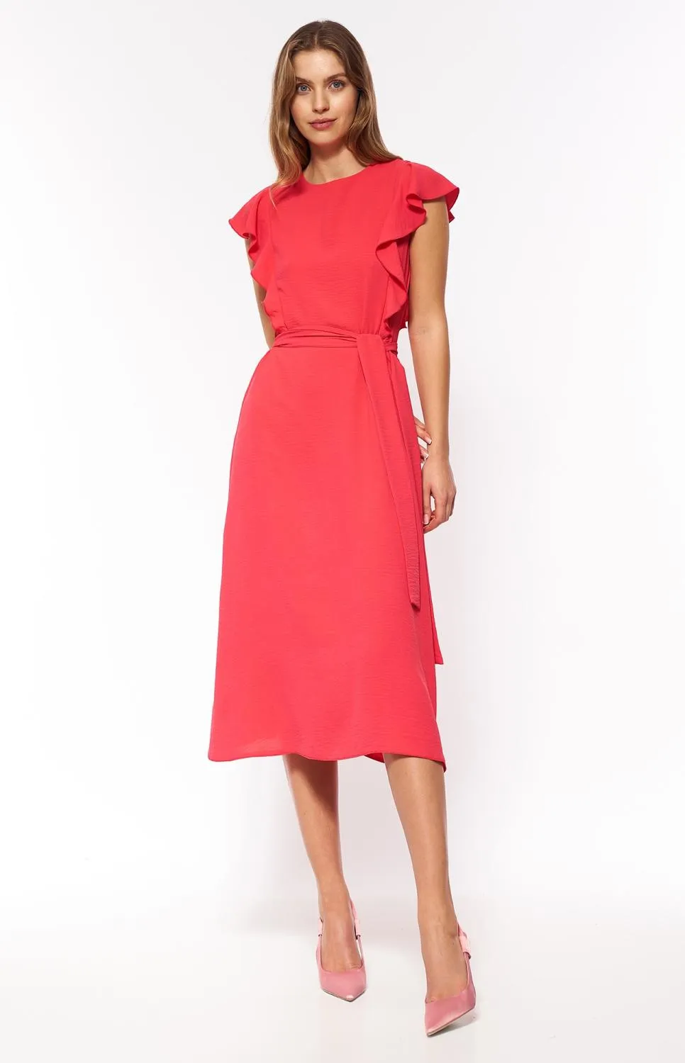 Coral ruffled cocktail dress