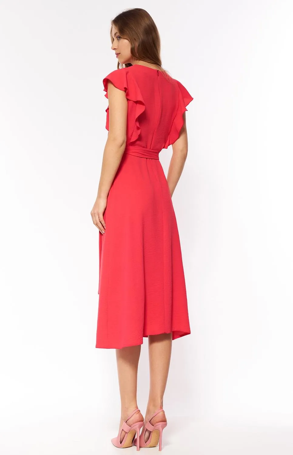 Coral ruffled cocktail dress