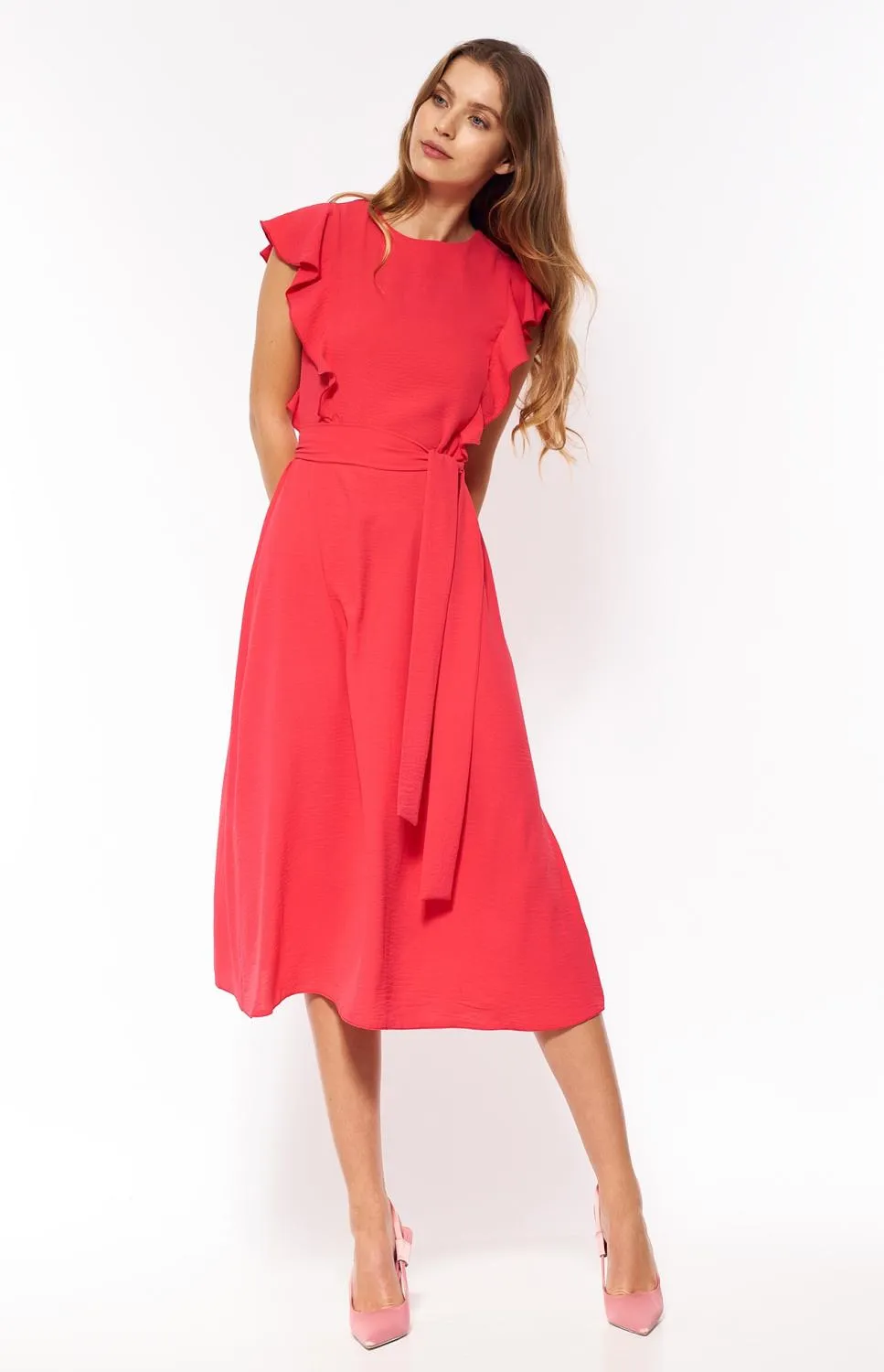 Coral ruffled cocktail dress