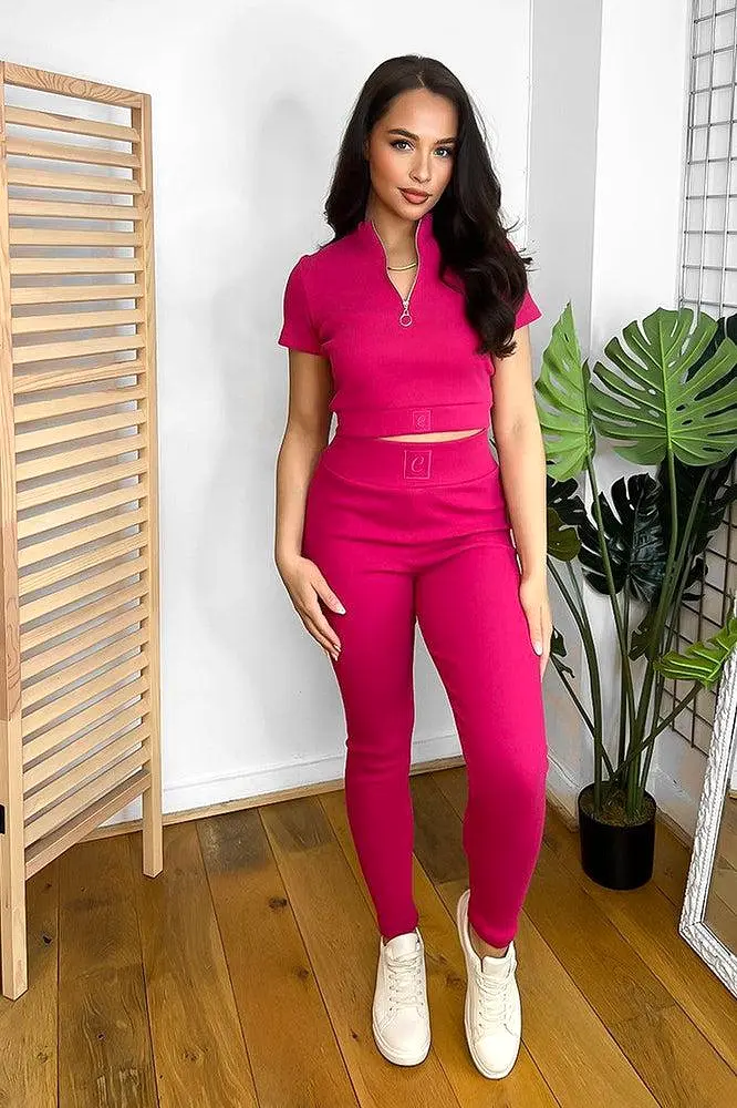 Cotton Blend Pull Ring Zip Crop Top And Trousers Set