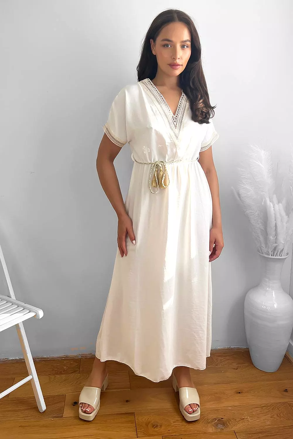 Cotton Lace Trims And Braided Belt Summer Maxi Dress