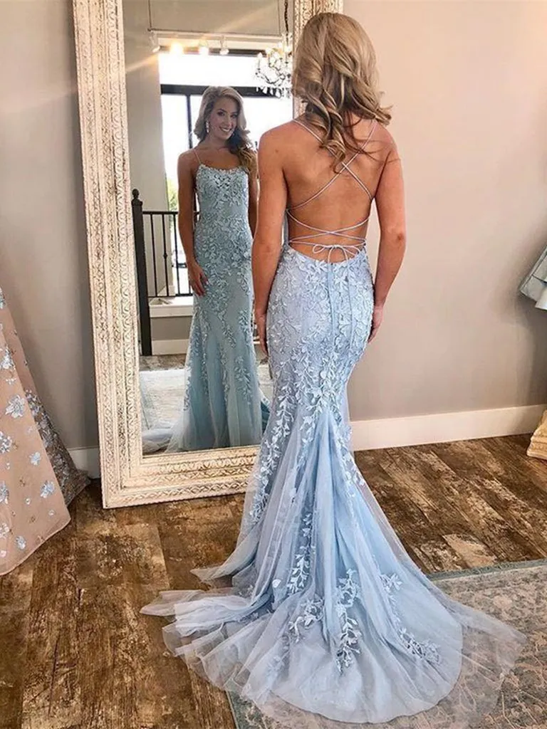 Dusty Blue Lace Mermaid Formal Dress Backless Tight Prom Dress